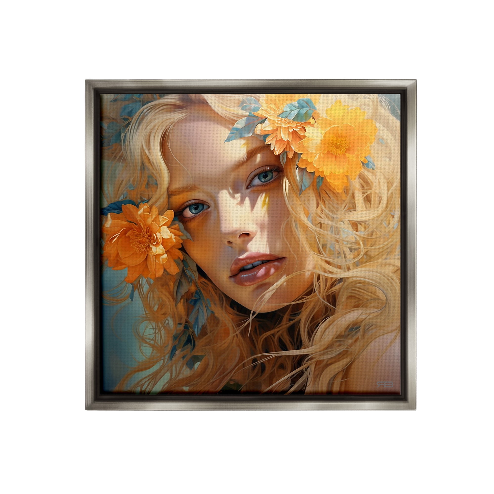 Stupell Industries Girl & Orange Blossoms Botanical & Floral Painting Gray Floater Framed Canvas Art Print Wall Art, 18 x 18