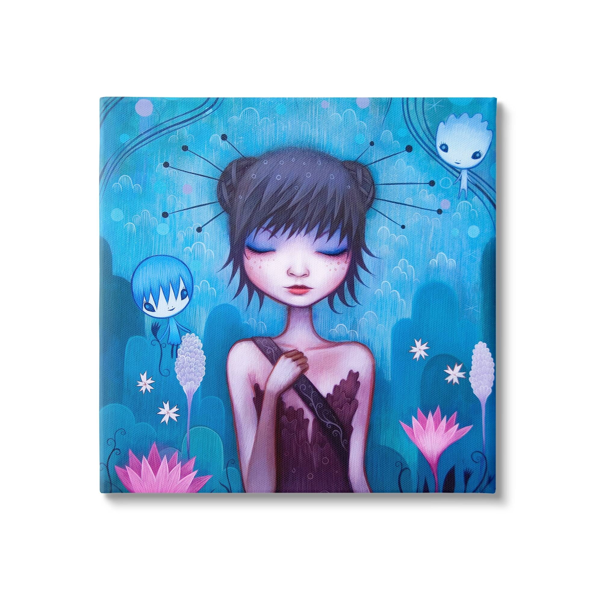 Stupell Industries Girl Pink Flower Blossoms Garden Fairies Blue Scenery Canvas Wall Art, 24 x 24, Design by Jeremiah Ketner