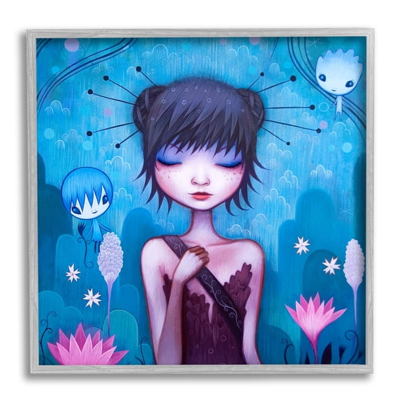 Girl Pink Flower Blossoms Garden Fairies Blue Scenery Botanical & Floral Painting Framed Art Print Wall Art