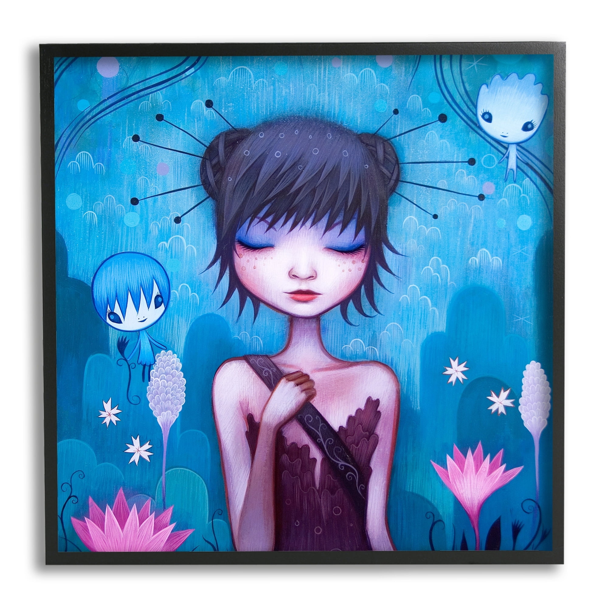 Stupell Industries Girl Pink Flower Blossoms Garden Fairies Blue Scenery Framed Wall Art, 24 x 24, Design by Jeremiah Ketner