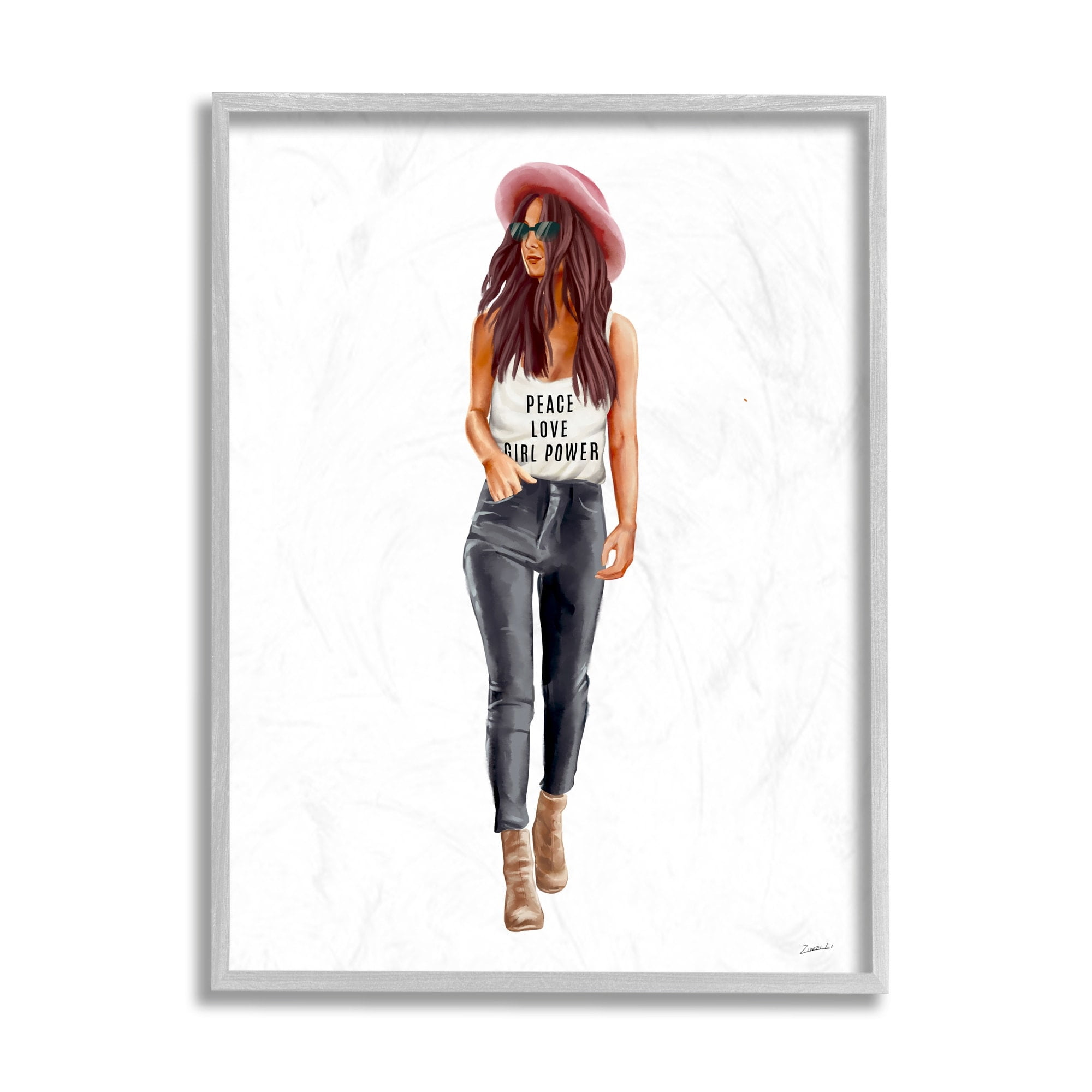 Stupell Industries Girl Power Phrase Fashionista Standing Pose Beauty & Fashion Painting Gray Framed Art Print Wall Art, 16 x 20
