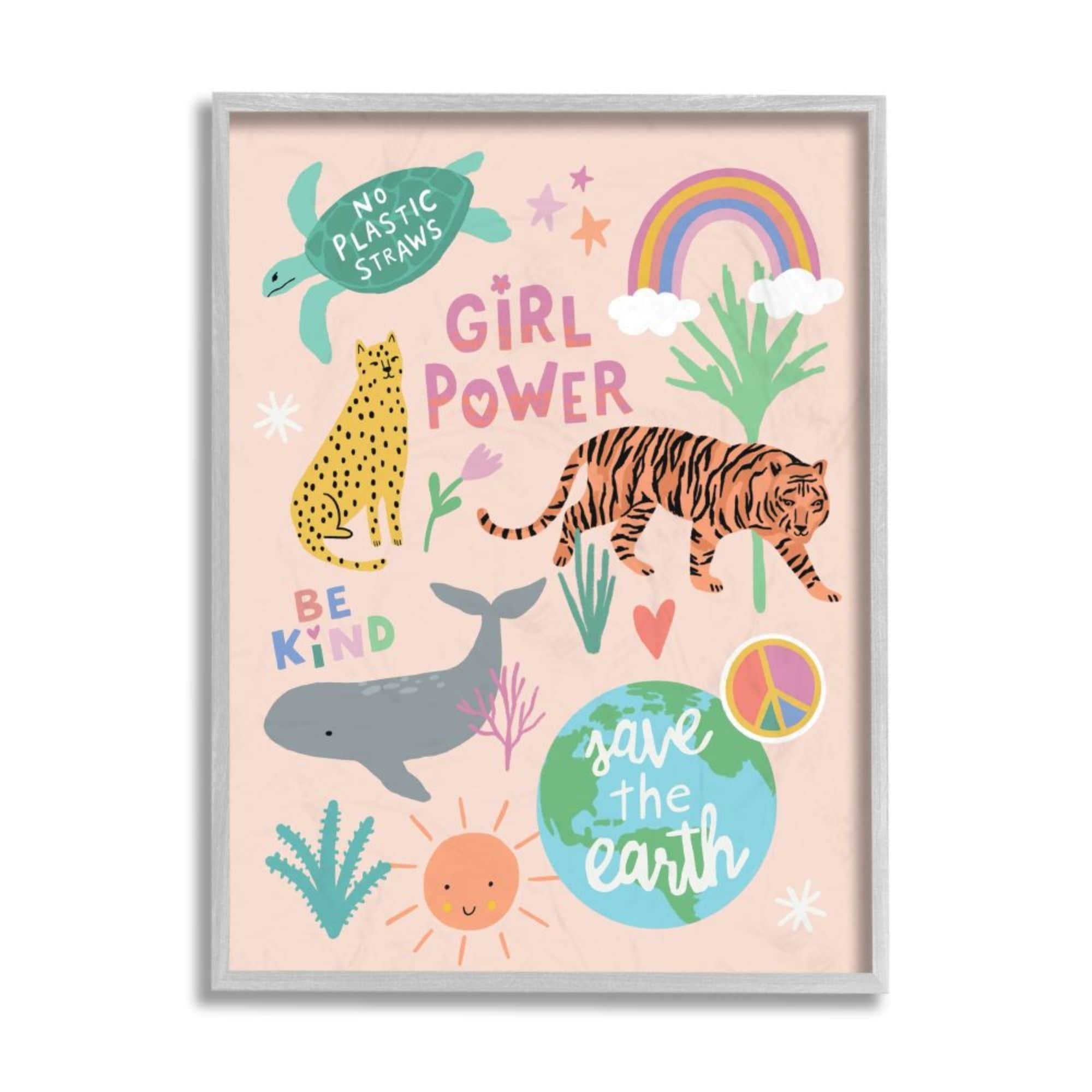 Stupell Industries Girl Power Phrases Colorful Animal Illustrations Design by Nina Seven, 11" x 14", Gray Framed