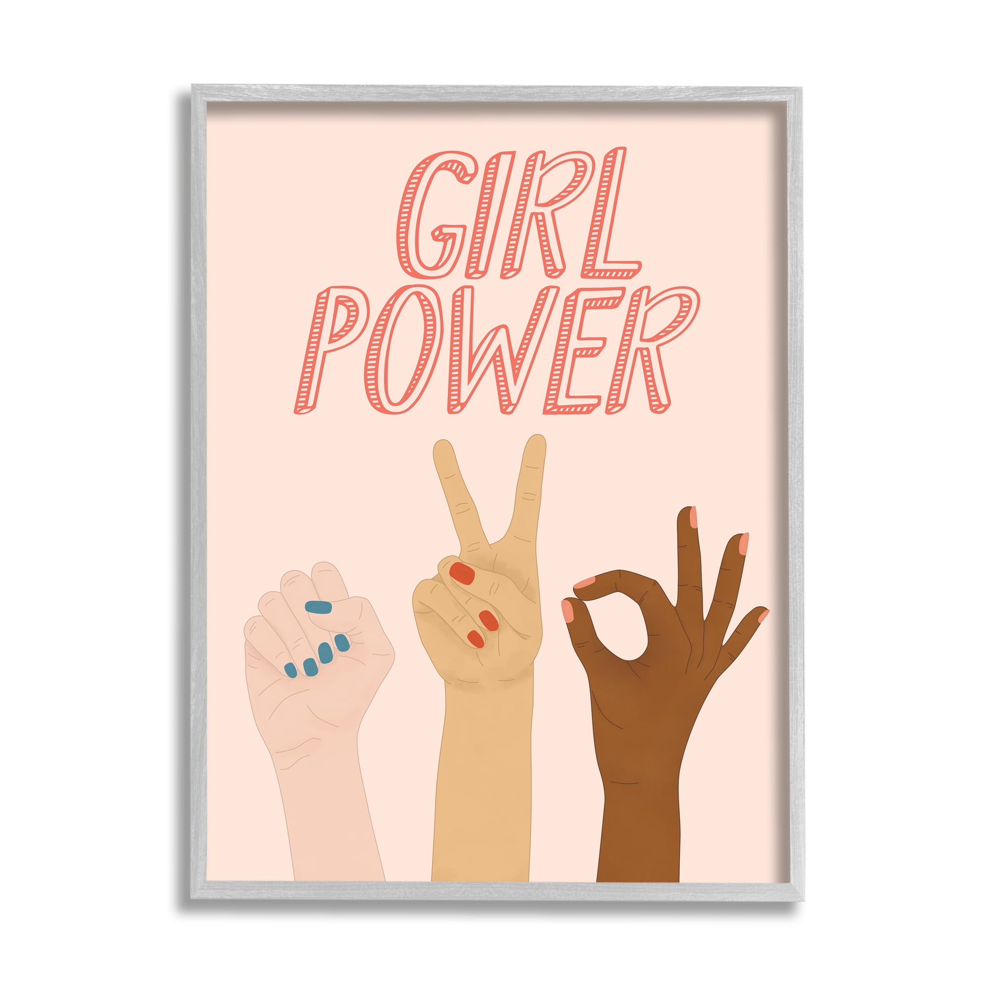 Stupell Industries Girl Power Pop Phrase Various Hand Signs Graphic Art Gray Framed Art Print Wall Art, 16x20, by JJ Design House LLC