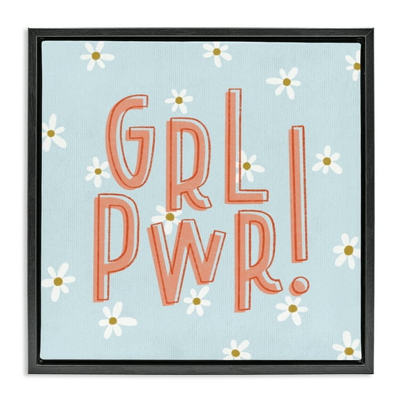 Stupell Industries Girl Power with Daisy Patterns Quotes and Sayings Painting Black Floater Framed Canvas Art Print Wall Art, 18 x 18
