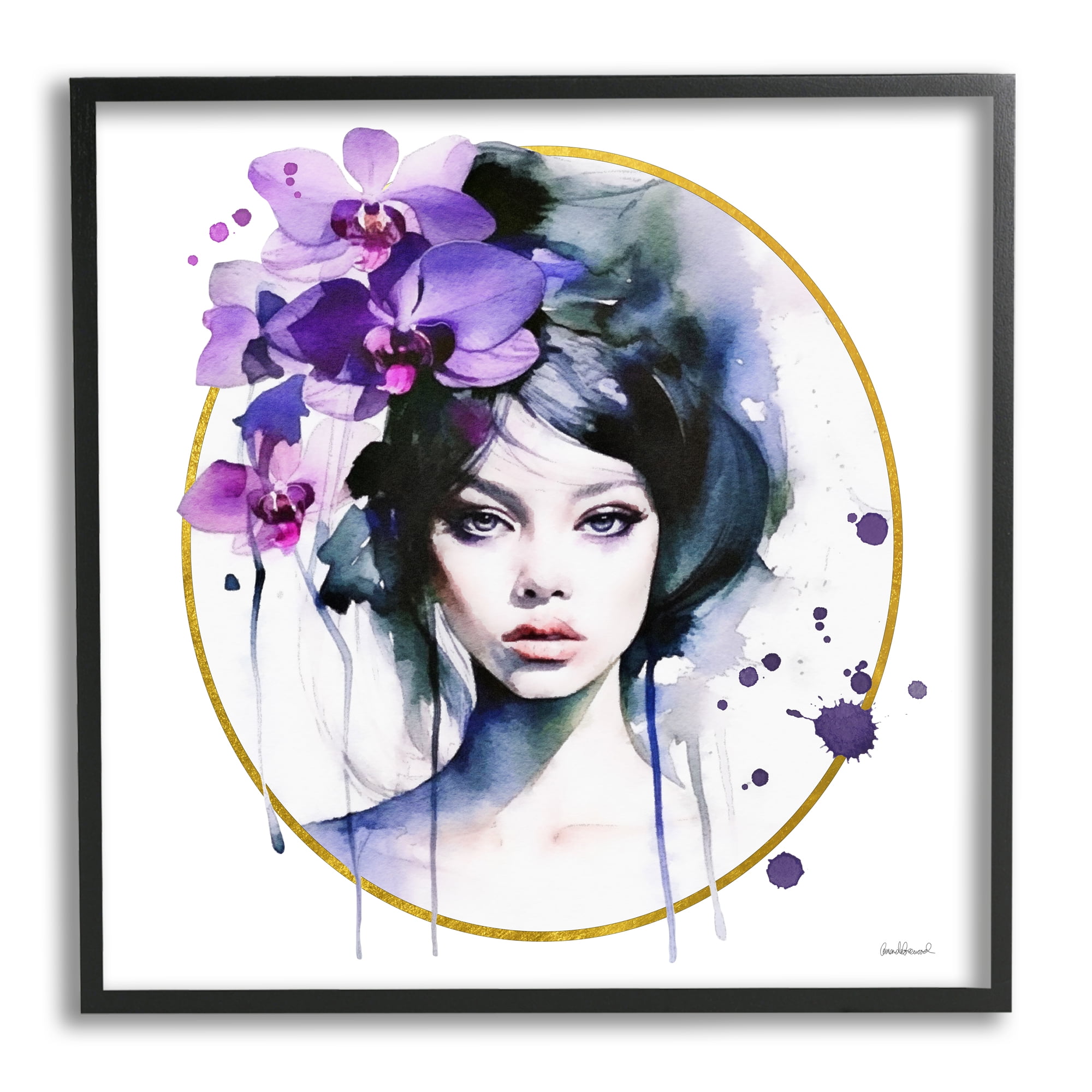 Stupell Industries Girl & Purple Orchids Botanical & Floral Painting Black Framed Art Print Wall Art, 17 x 17