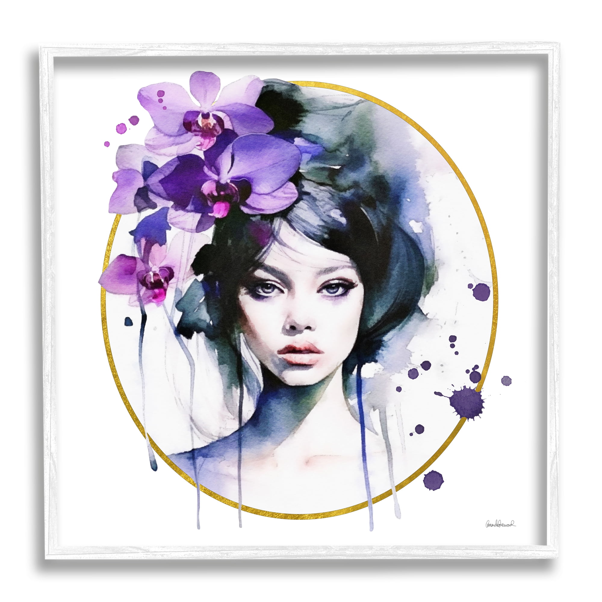 Stupell Industries Girl & Purple Orchids Botanical & Floral Painting White Framed Art Print Wall Art, 17 x 17