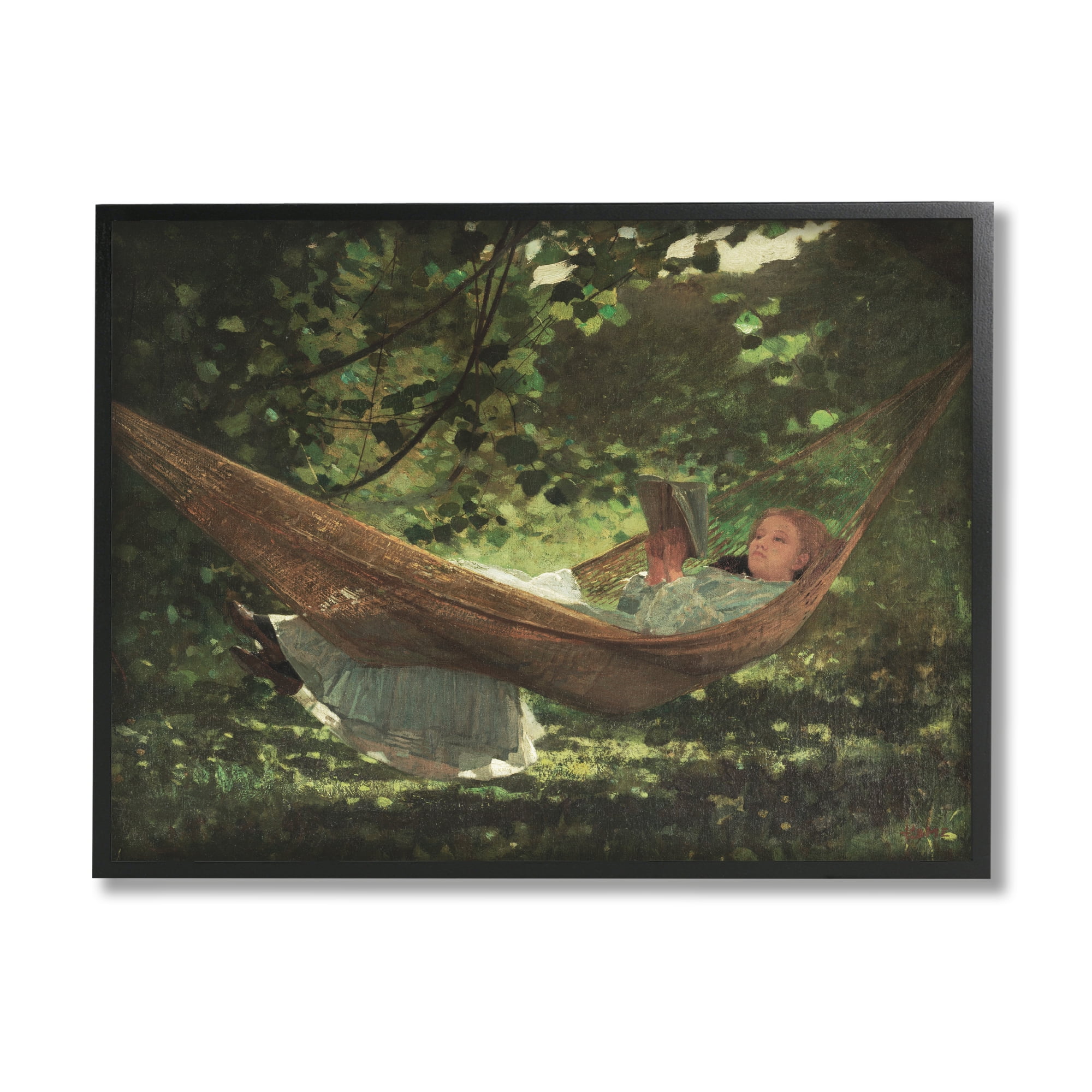 Stupell Industries Girl Reading Book Hammock Classic Vintage Painting Painting Black Framed Art Print Wall Art, Design by Lettered and Lined