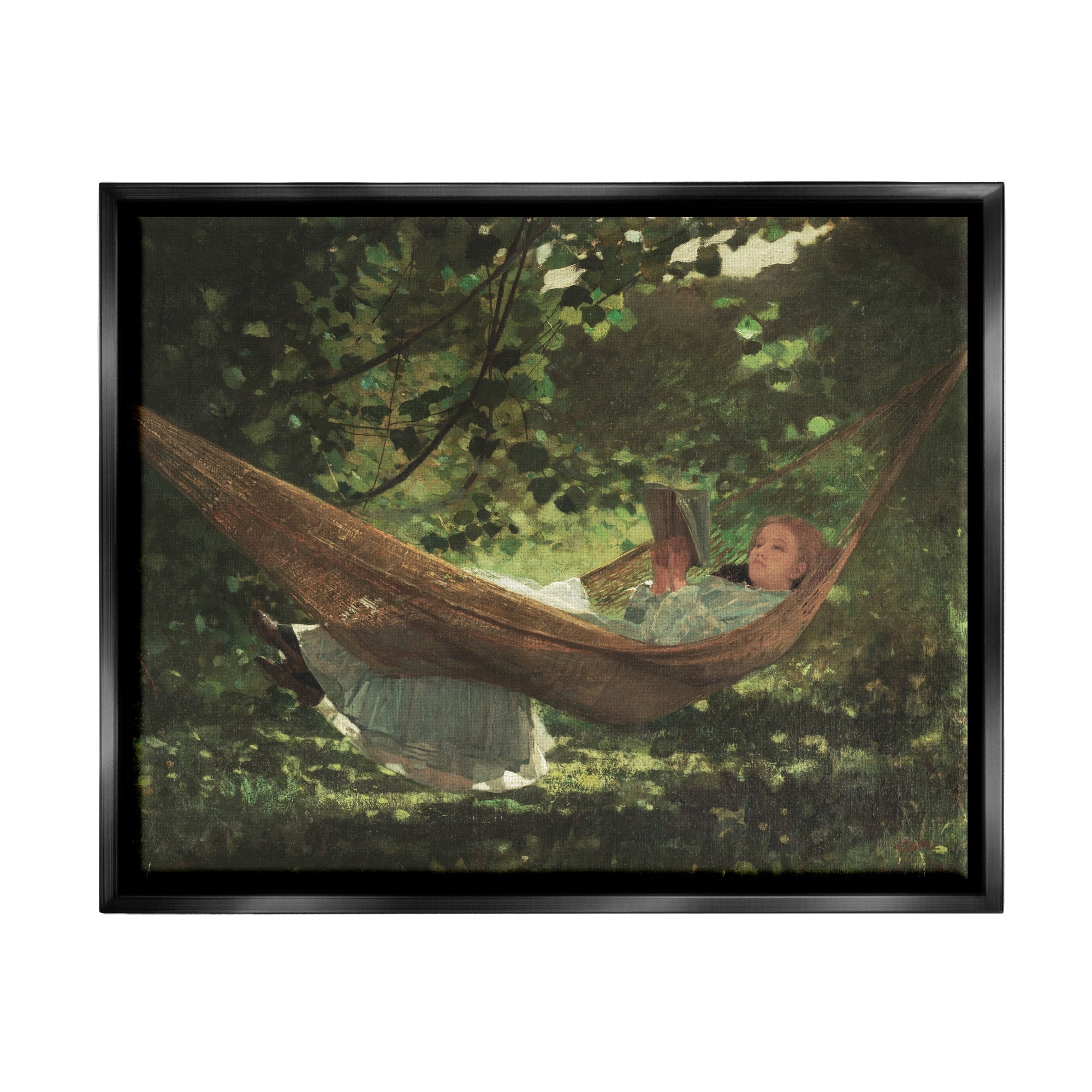 Stupell Industries Girl Reading Book Hammock Classic Vintage Painting Painting Jet Black Floating Framed Canvas Print Wall Art, Design by Lettered and Lined