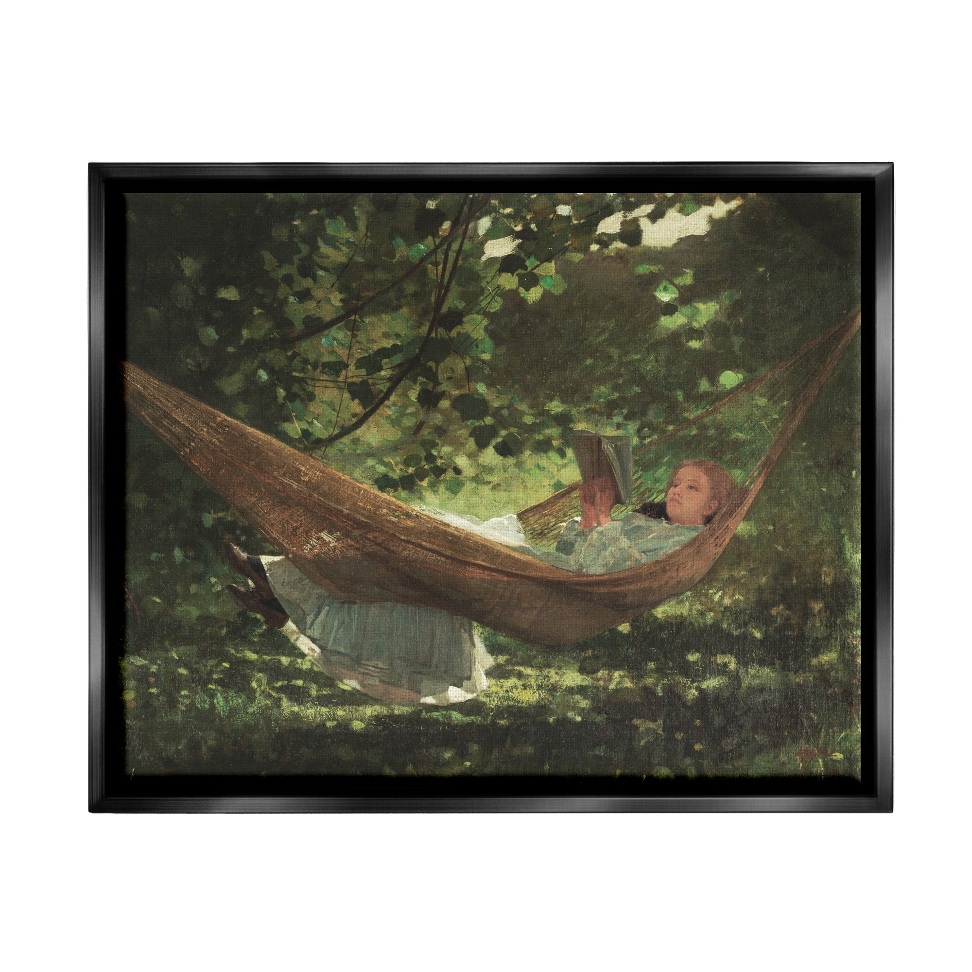 Stupell Industries Girl Reading Book Hammock Classic Vintage Painting Painting Jet Black Floating Framed Canvas Print Wall Art, Design by Lettered and Lined