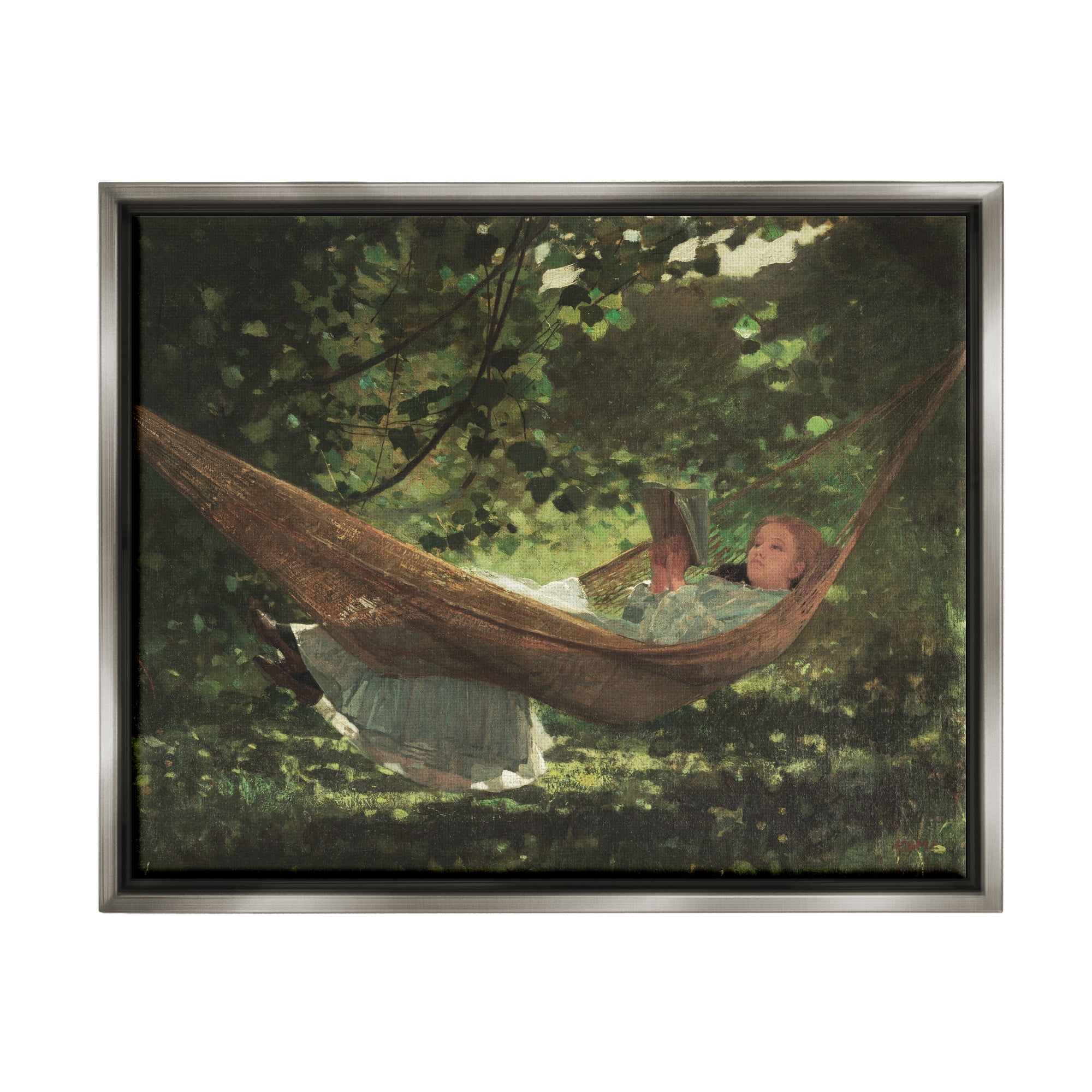 Stupell Industries Girl Reading Book Hammock Classic Vintage Painting Painting Luster Gray Floating Framed Canvas Print Wall Art, Design by Lettered and Lined