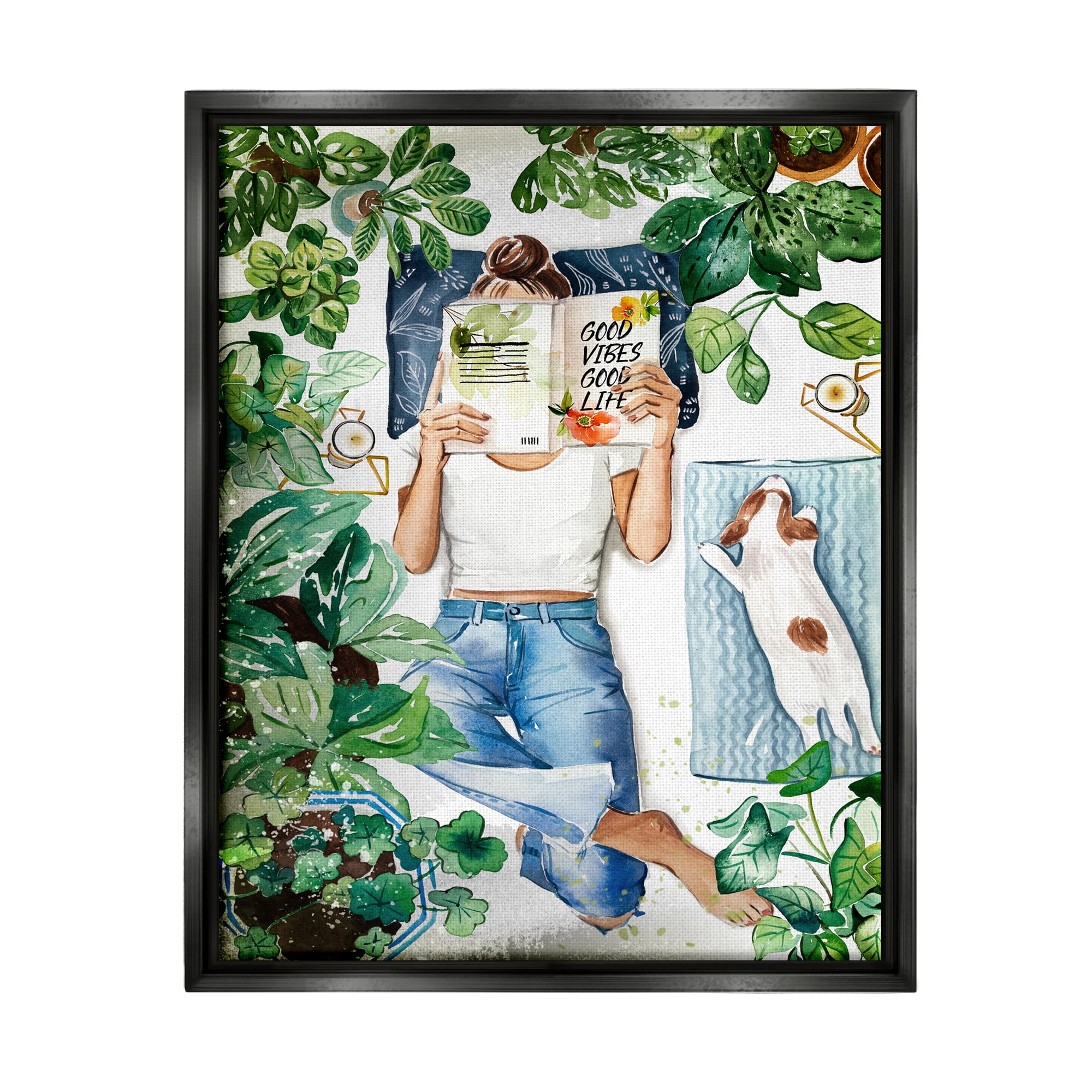 Stupell Industries Girl Reading Book with Dog Literature & Film Painting Black Floater Framed Art Print Wall Art, 17 x 21