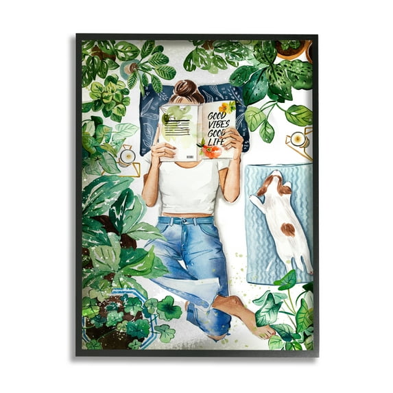 Stupell Industries Girl Reading Book with Dog Literature & Film Painting Black Framed Art Print Wall Art, 16 x 20