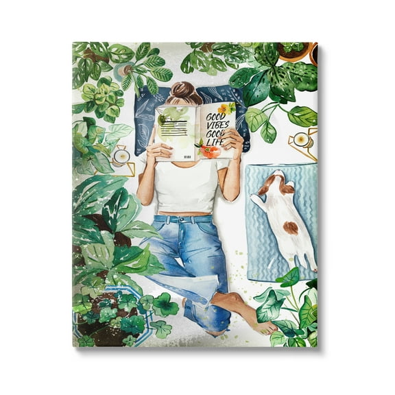 Stupell Industries Girl Reading Book with Dog Literature & Film Painting Gallery Wrapped Canvas Print Wall Art, 16 x 20
