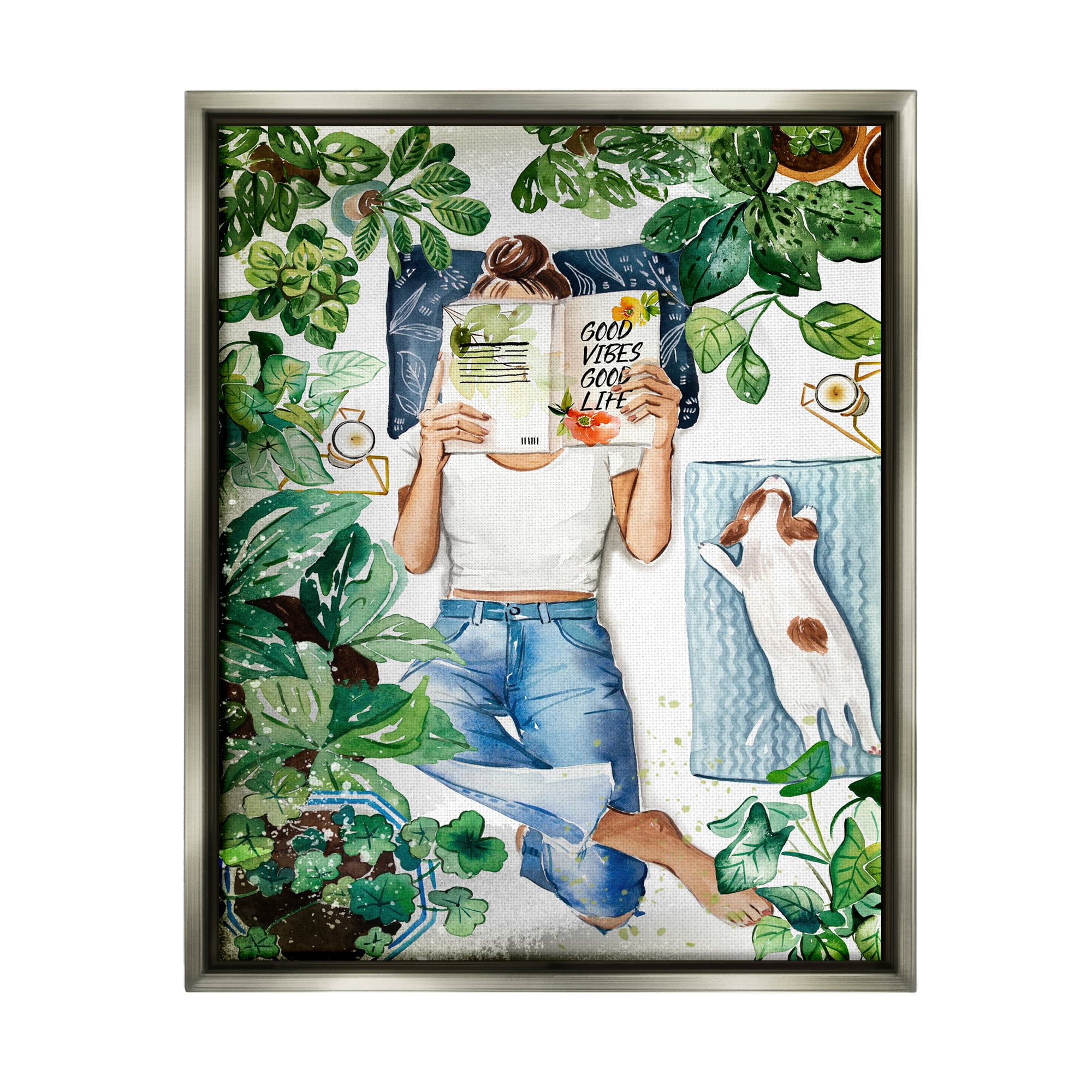 Stupell Industries Girl Reading Book with Dog Literature & Film Painting Gray Floater Framed Art Print Wall Art, 17 x 21