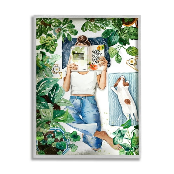 Stupell Industries Girl Reading Book with Dog Literature & Film Painting Gray Framed Art Print Wall Art, 16 x 20