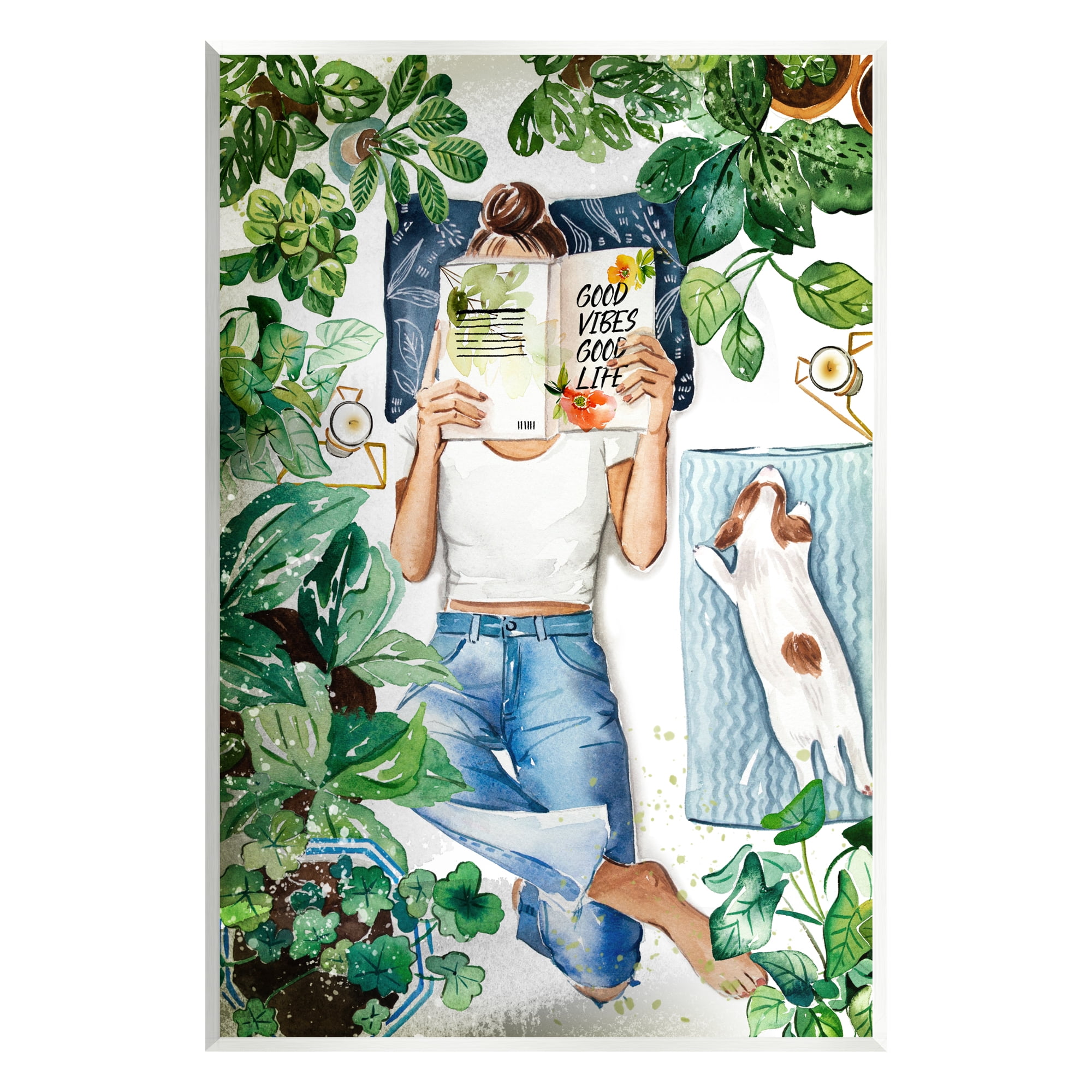 Stupell Industries Girl Reading Book with Dog Literature & Film Painting Unframed Art Print Wall Art, 13 x 19