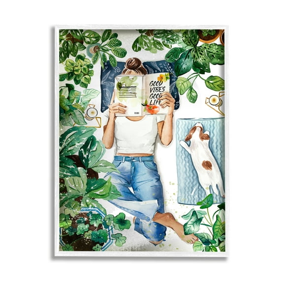 Stupell Industries Girl Reading Book with Dog Literature & Film Painting White Framed Art Print Wall Art, 16 x 20