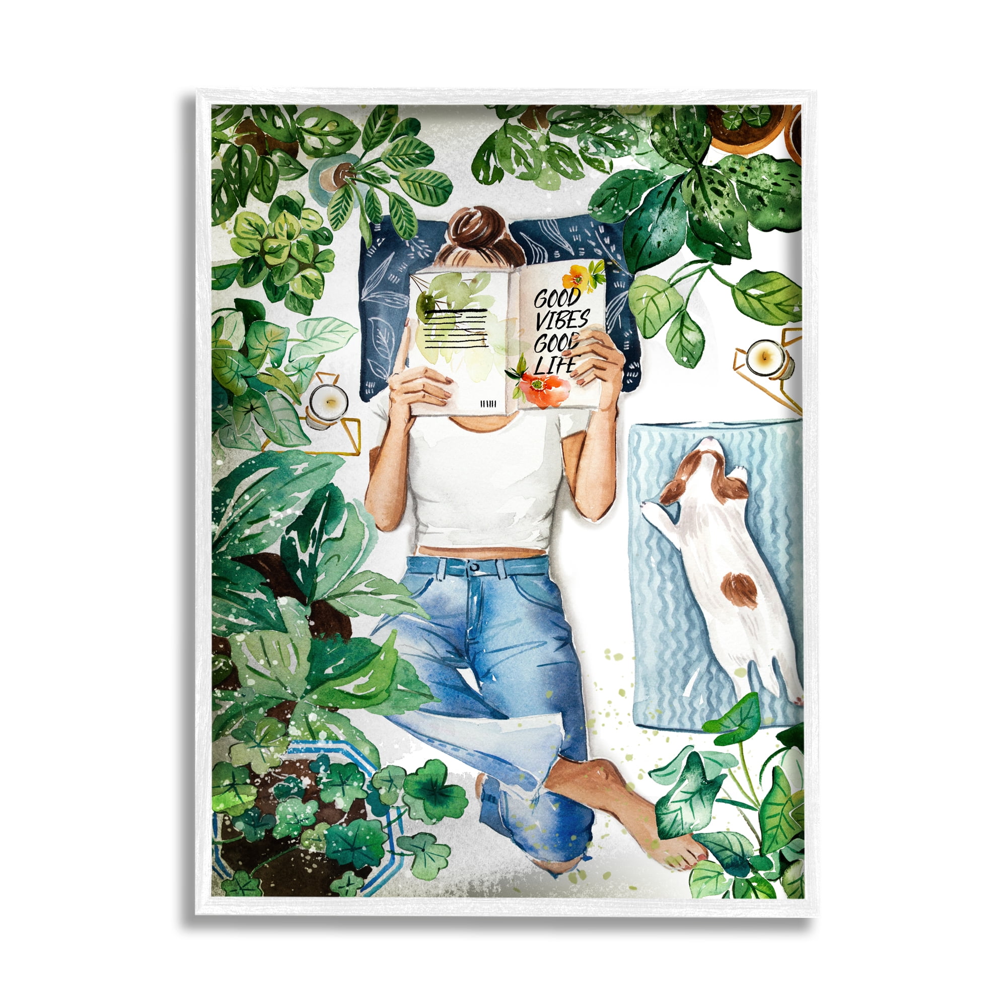 Stupell Industries Girl Reading Book with Dog Literature & Film Painting White Framed Art Print Wall Art, 24 x 30