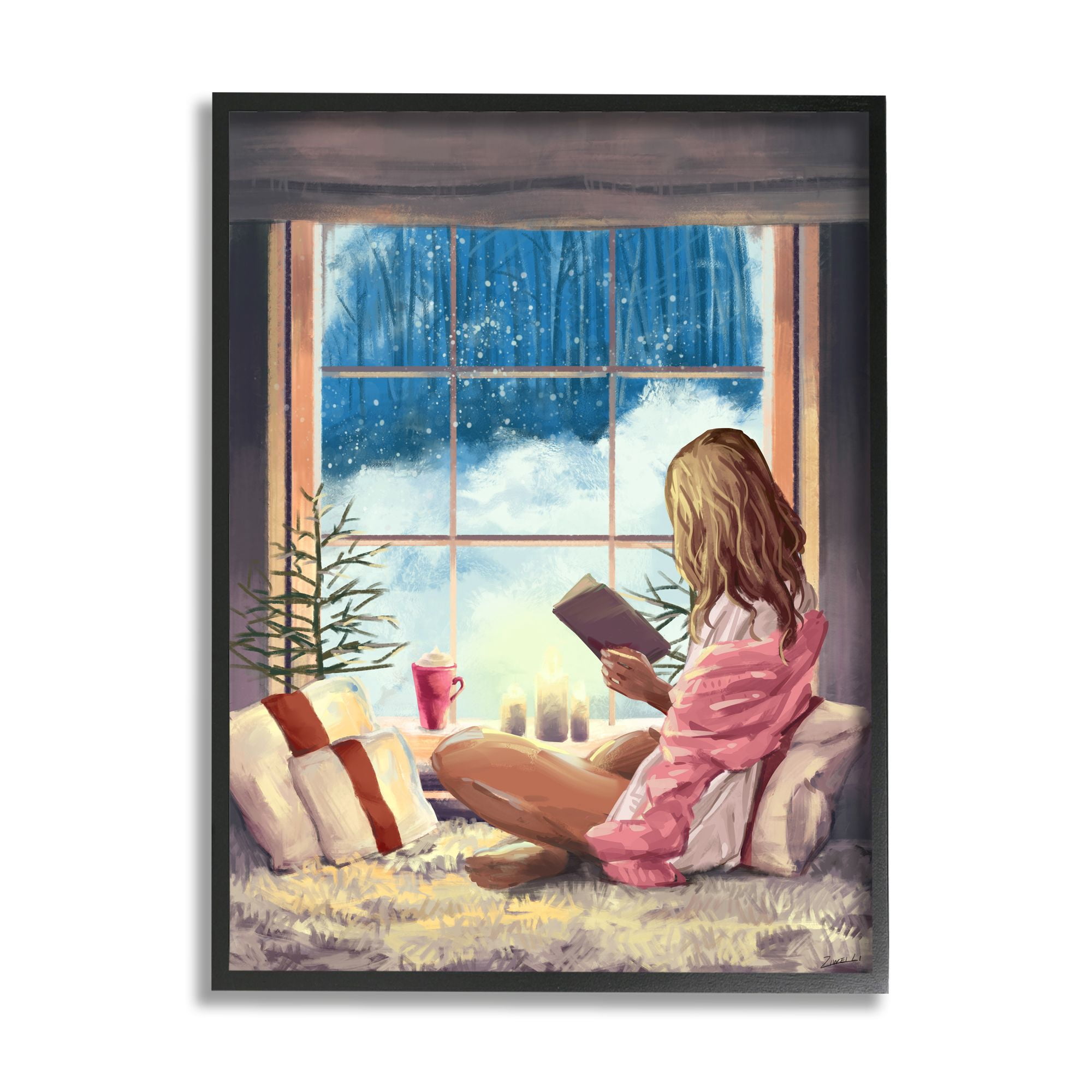 Stupell Industries Girl Reading by Snowy Window Winter Holiday Black Framed, 24 x 30, Design by Ziwei Li