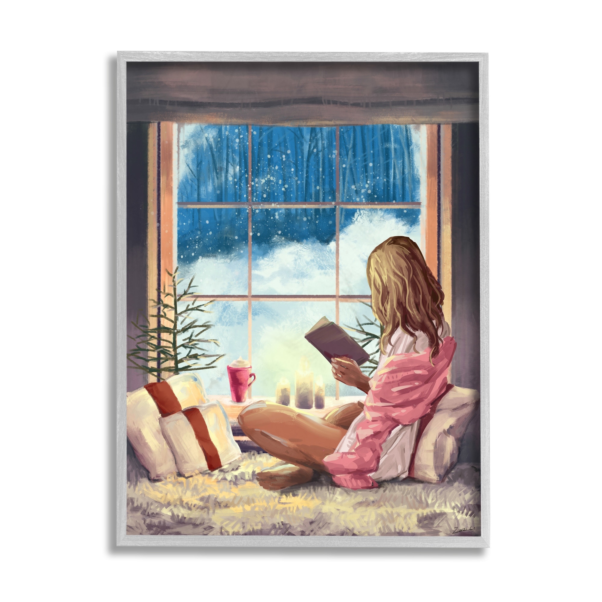 Stupell Industries Girl Reading by Snowy Window Winter Holiday Grey Framed, 11 x 14, Design by Ziwei Li