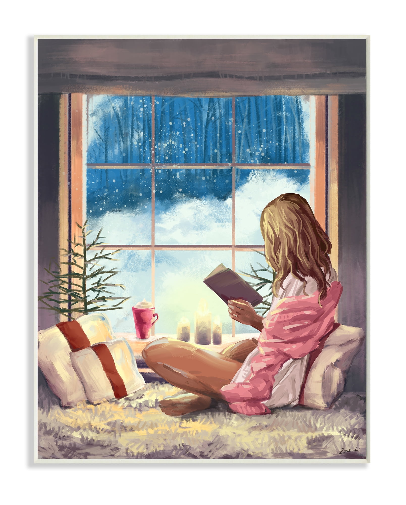Stupell Industries Girl Reading by Snowy Window Winter Holiday Wall Plaque, 13 x 19, Design by Ziwei Li