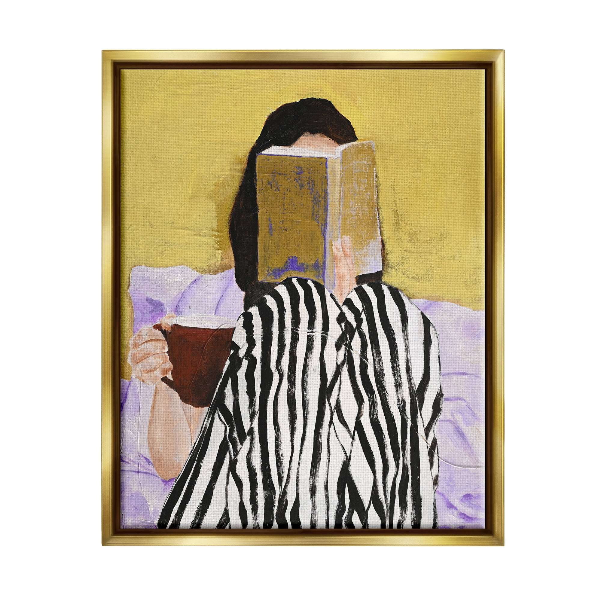 Stupell Industries Girl Reading in Bed Literature & Flim Painting Gold Floater Framed Canvas Art Print Wall Art, 17 x 21