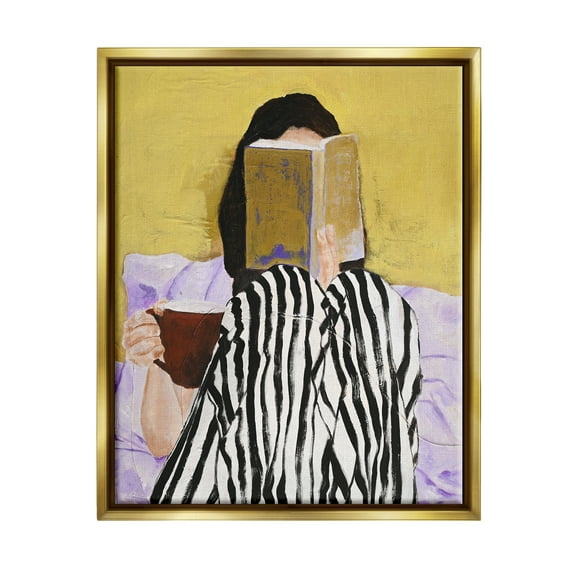 Stupell Industries Girl Reading in Bed Literature & Flim Painting Gold Floater Framed Canvas Art Print Wall Art, 25 x 31