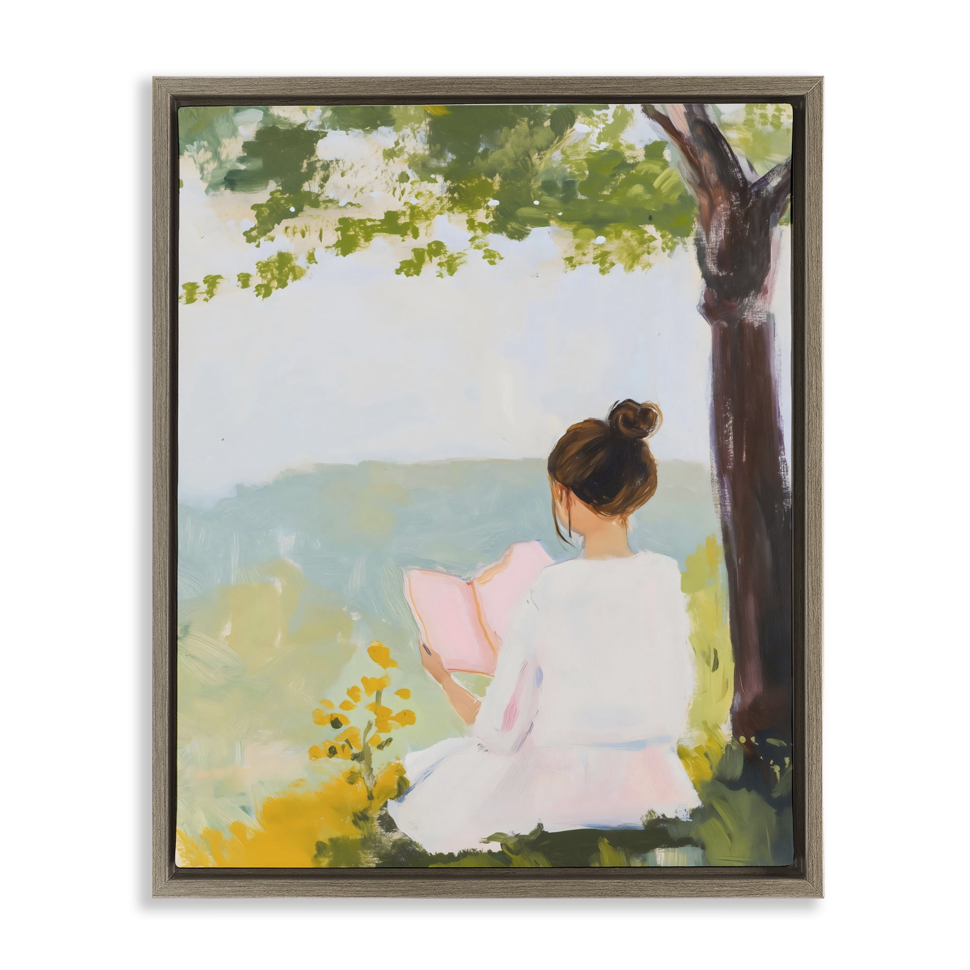 Stupell Industries Girl Reading in Nature Brown Framed Floater Canvas Wall Art, design by The Prints Vibe
