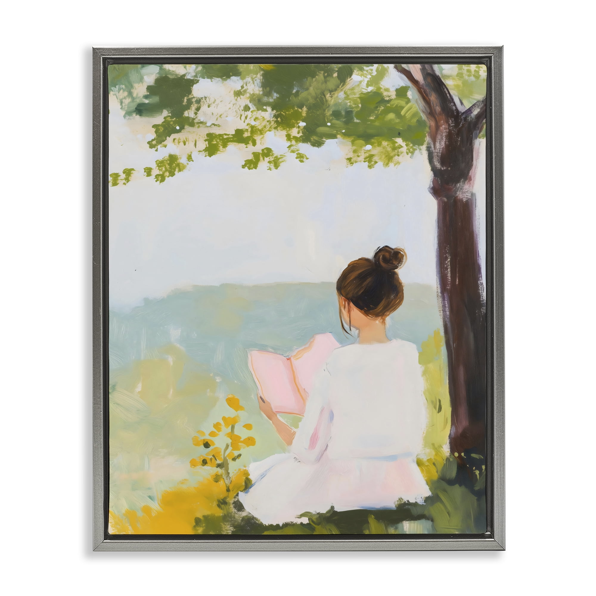 Stupell Industries Girl Reading in Nature Gray Framed Floater Canvas Wall Art, design by The Prints Vibe