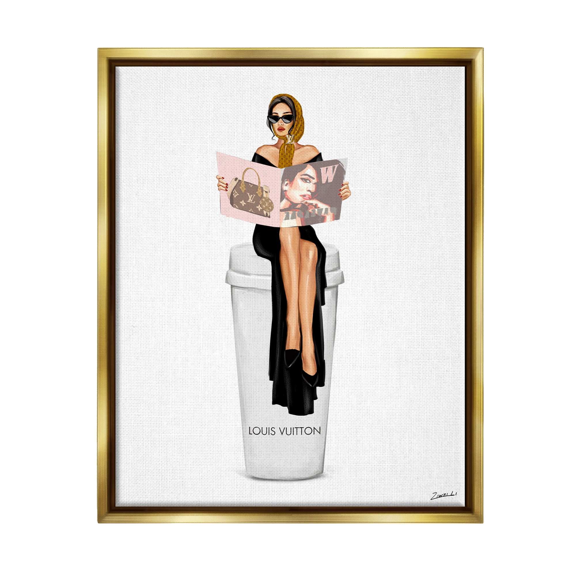 Stupell Industries Girl Reading on Coffee Food & Beverage Painting Gold Floater Framed Art Print Wall Art, 17 x 21
