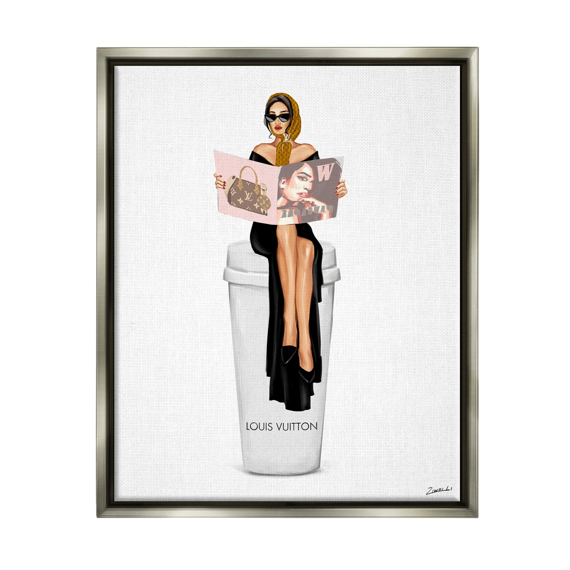 Stupell Industries Girl Reading on Coffee Food & Beverage Painting Gray Floater Framed Art Print Wall Art, 17 x 21