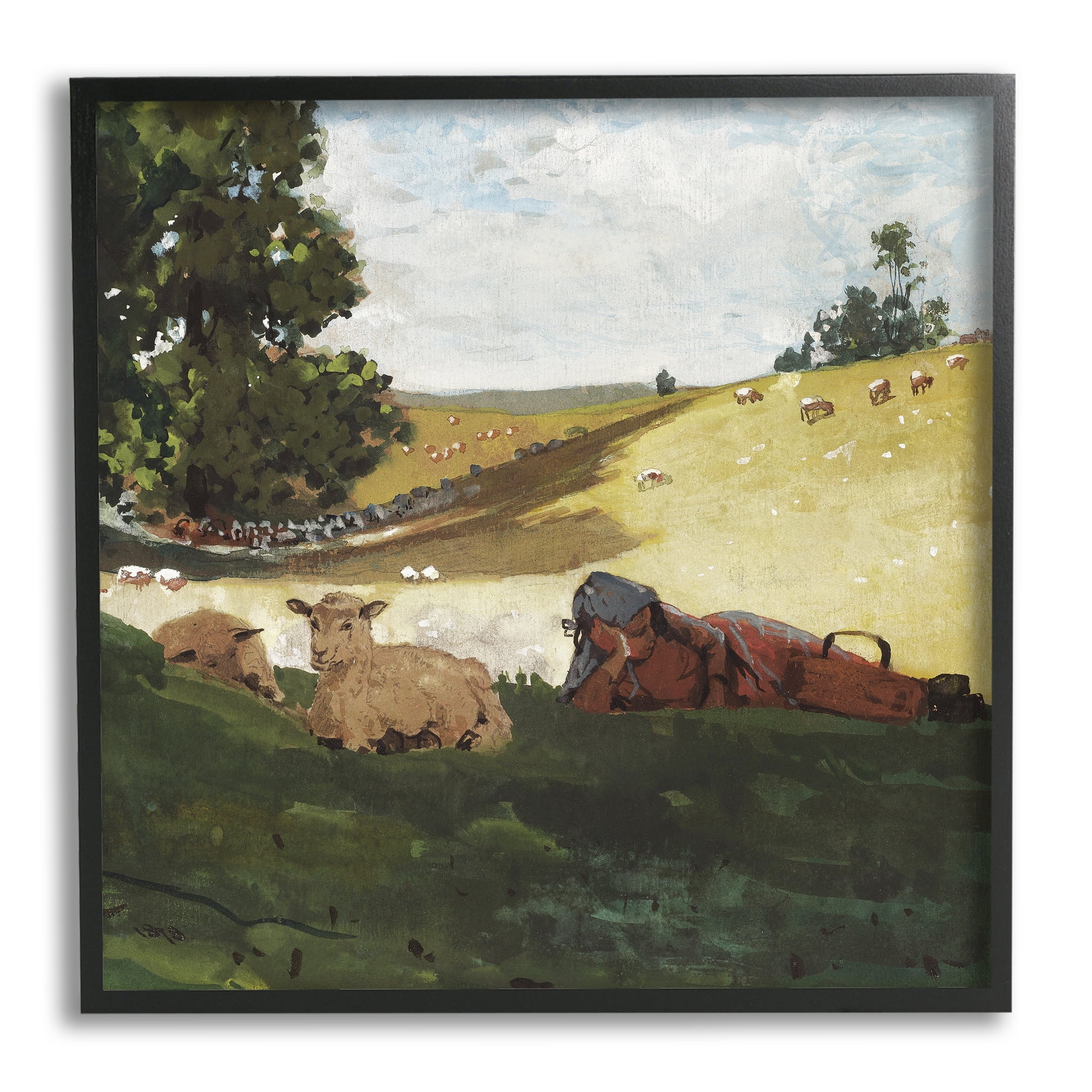 Stupell Industries Girl & Sheep in Country Animals & Insects Painting Black Framed Art Print Wall Art, 17 x 17
