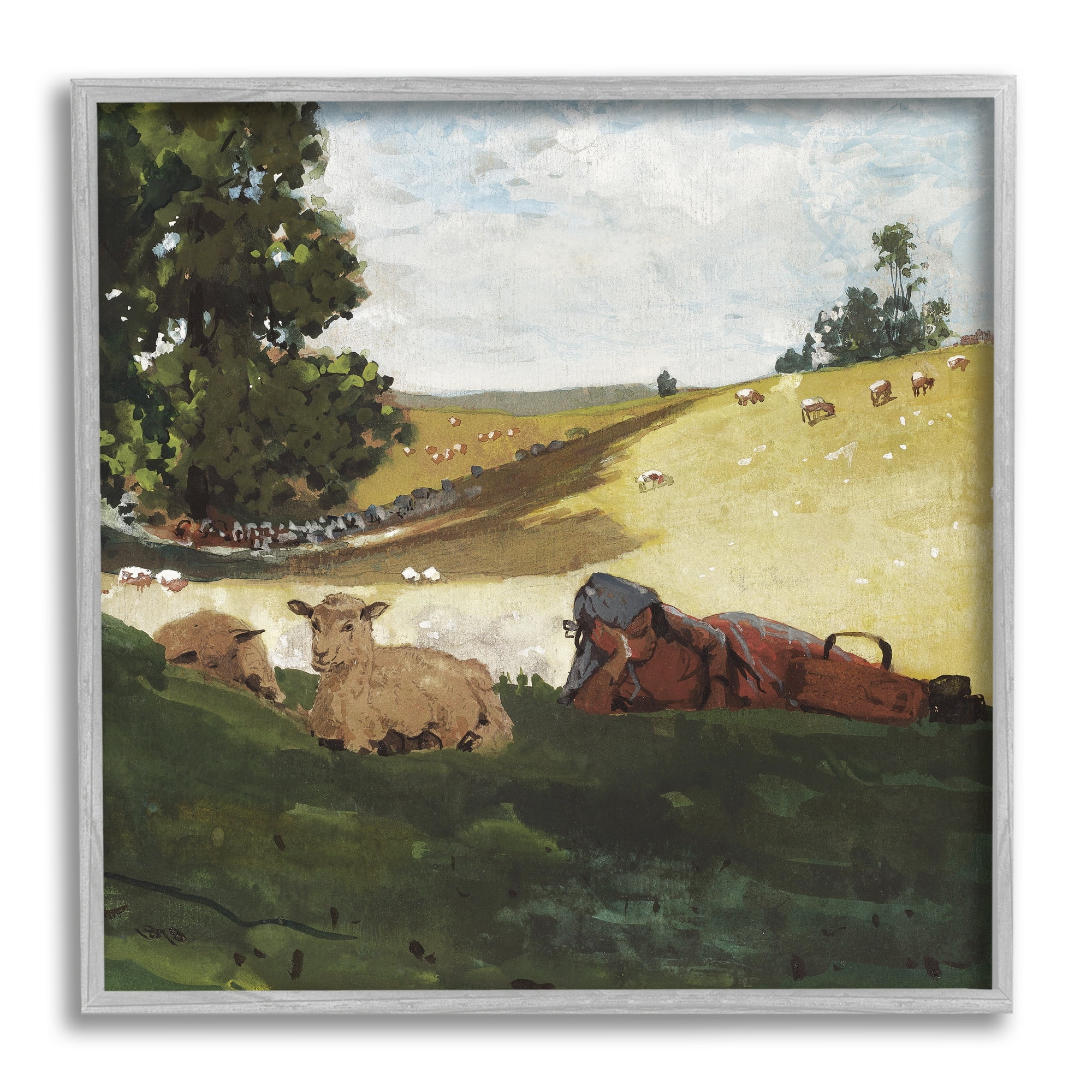 Stupell Industries Girl & Sheep in Country Animals & Insects Painting Gray Framed Art Print Wall Art, 12 x 12