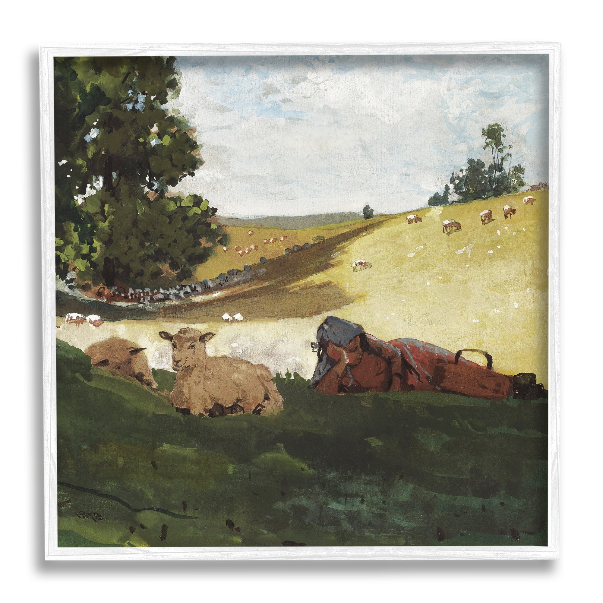 Stupell Industries Girl & Sheep in Country Animals & Insects Painting White Framed Art Print Wall Art, 24 x 24
