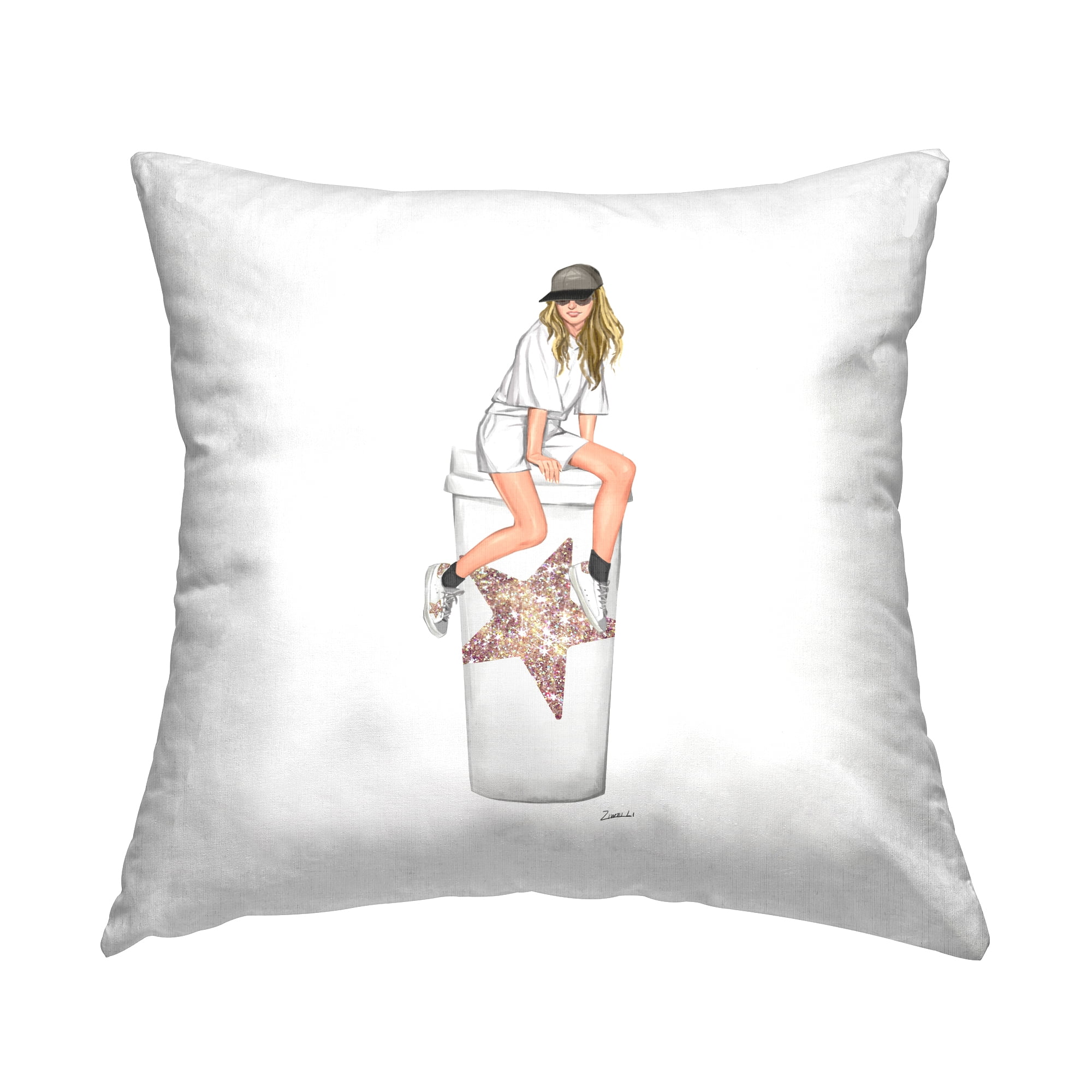 Stupell Industries Girl Sitting Glam Coffee Cup Square Decorative Printed Throw Pillow, 18 x 18