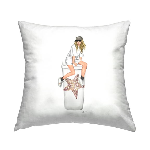 Stupell Industries Girl Sitting Glam Coffee Cup Square Decorative Printed Throw Pillow, 18 x 18