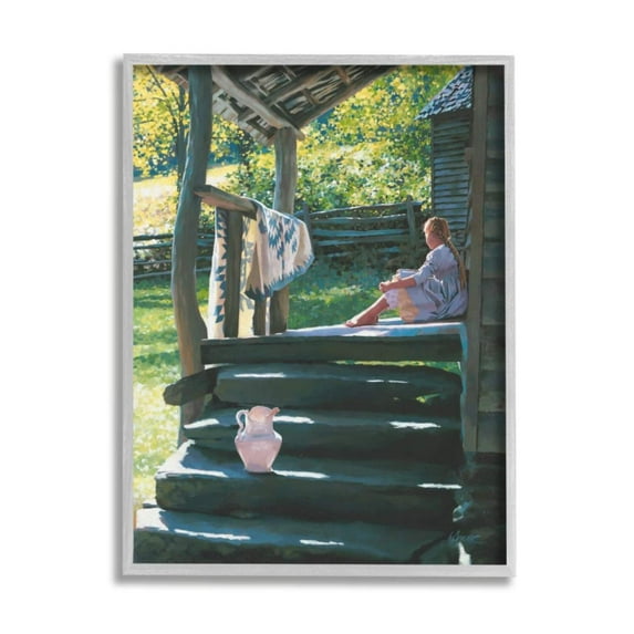Stupell Industries Girl Sitting on Cottage Porch with Quilt Design by Heide Presse, 11" x 14", Gray Framed