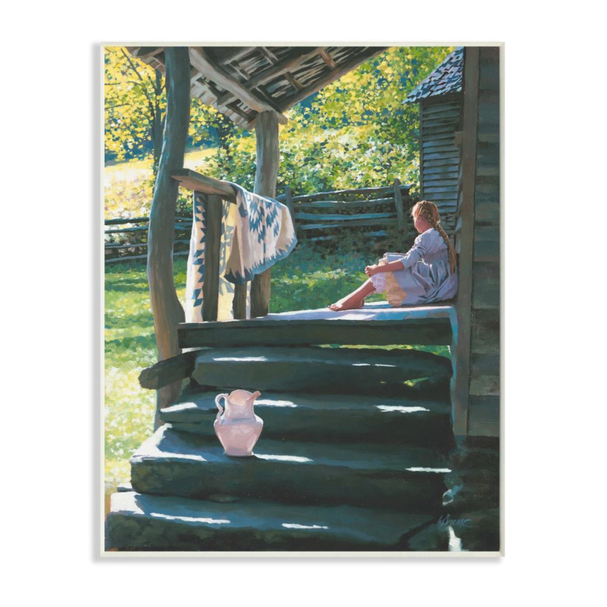Stupell Industries Girl Sitting on Cottage Porch with Quilt Design by Heide Presse