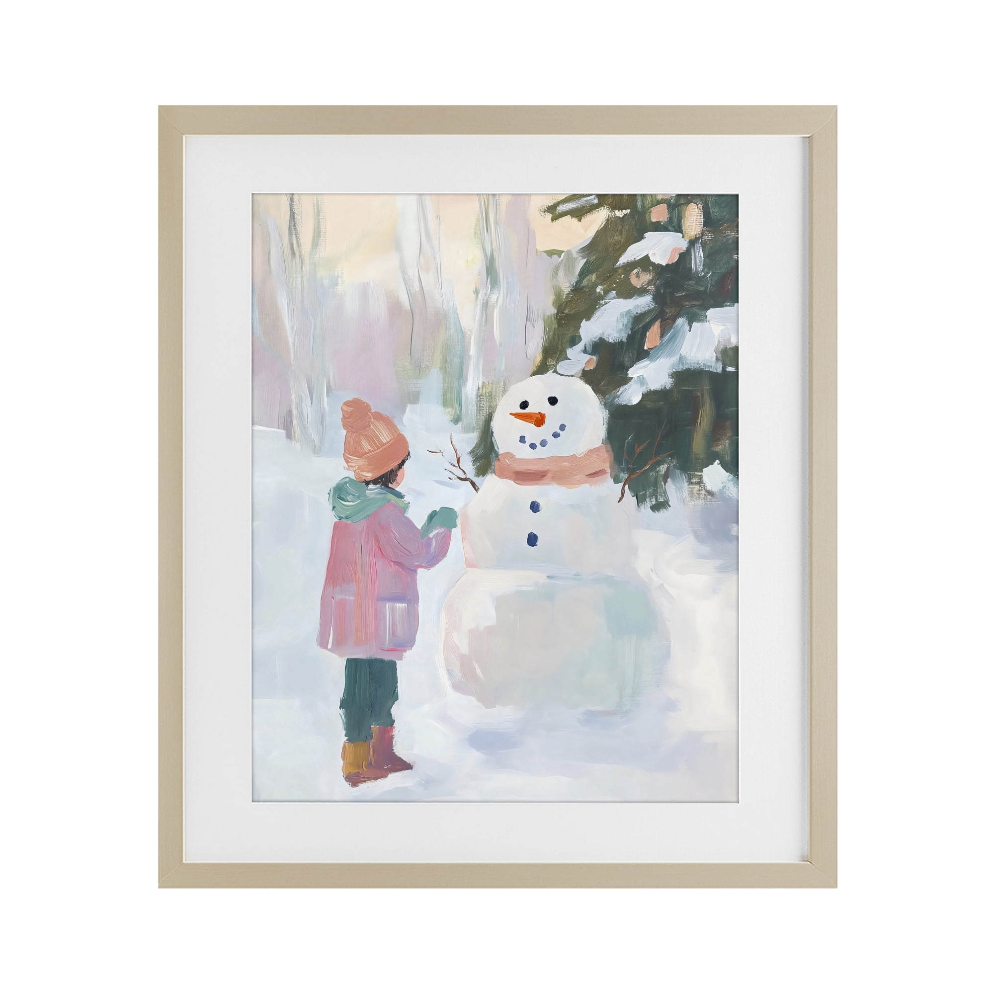 Stupell Industries Girl & Snowman in Winter Birch Framed Print Under Glass, design by The Prints Vibe