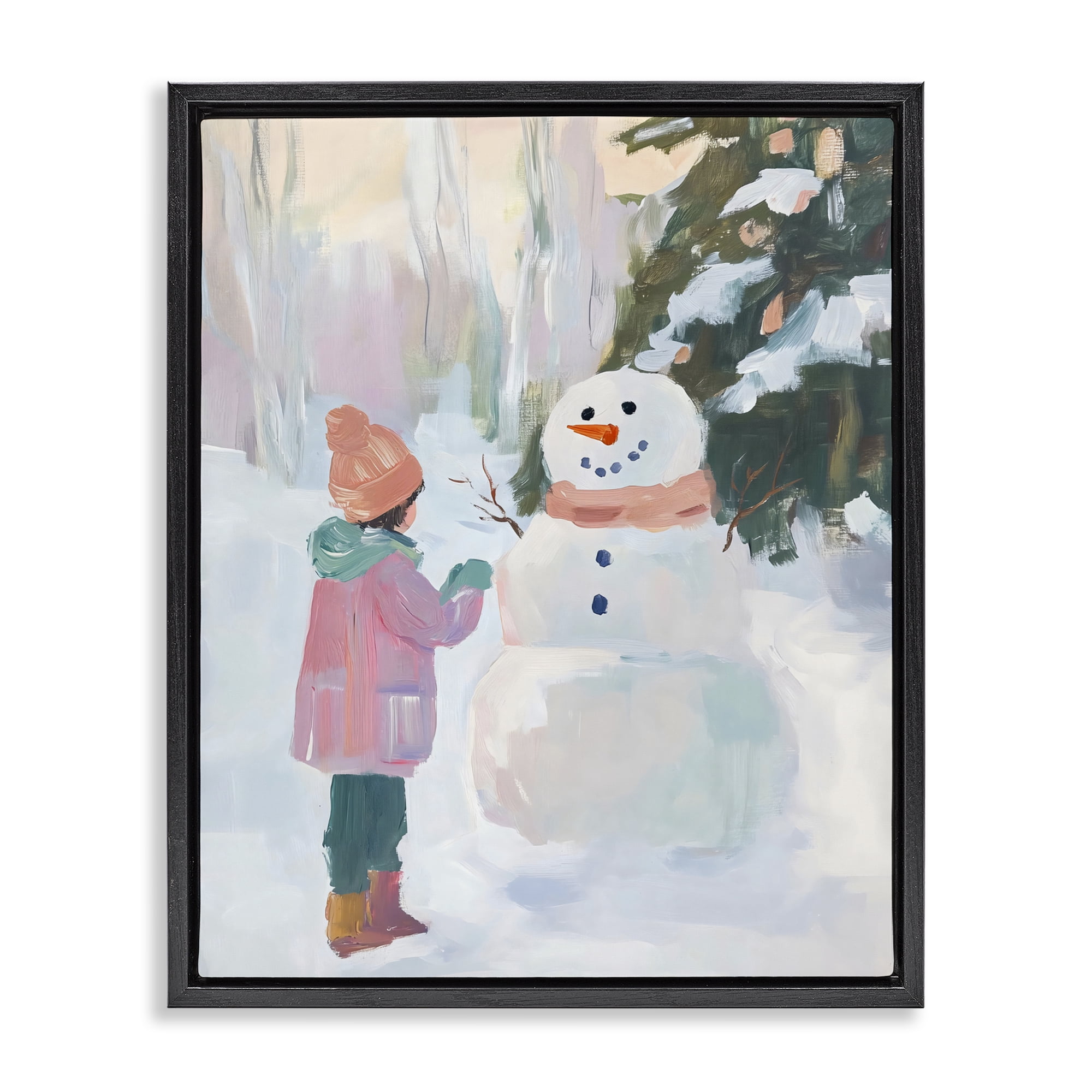 Stupell Industries Girl & Snowman in Winter Black Framed Floater Canvas Wall Art, design by The Prints Vibe
