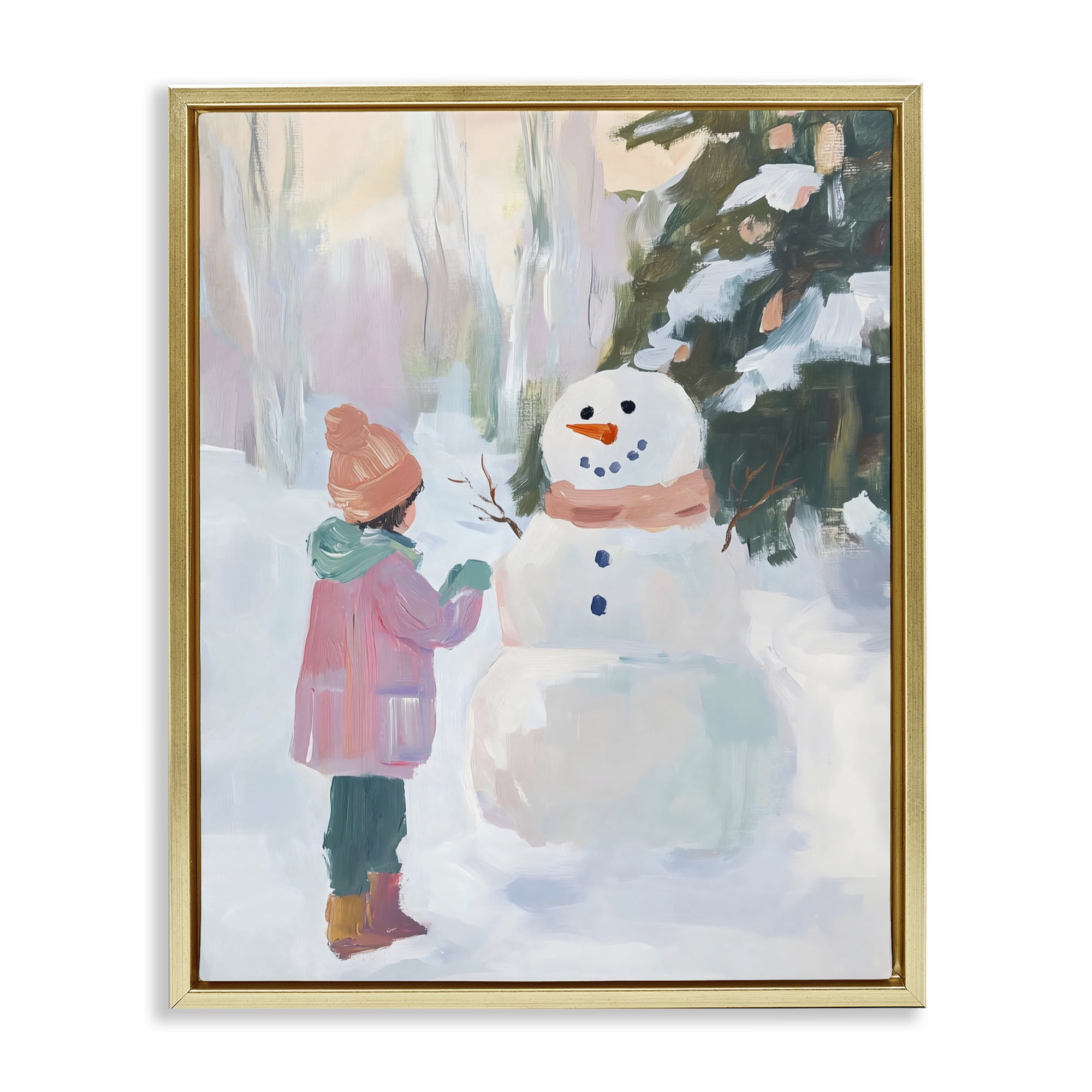 Stupell Industries Girl & Snowman in Winter Gold Framed Floater Canvas Wall Art, design by The Prints Vibe