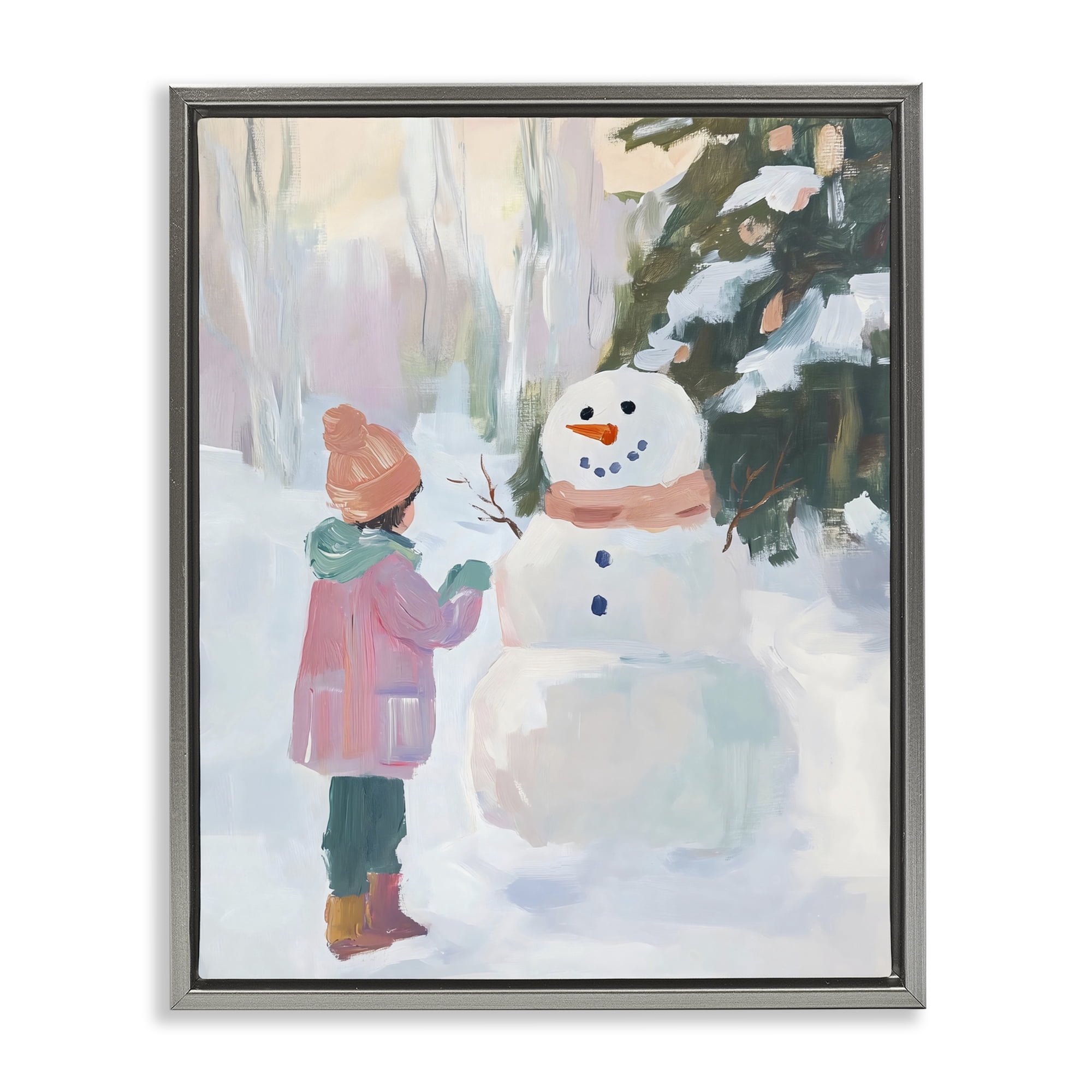 Stupell Industries Girl & Snowman in Winter Gray Framed Floater Canvas Wall Art, design by The Prints Vibe