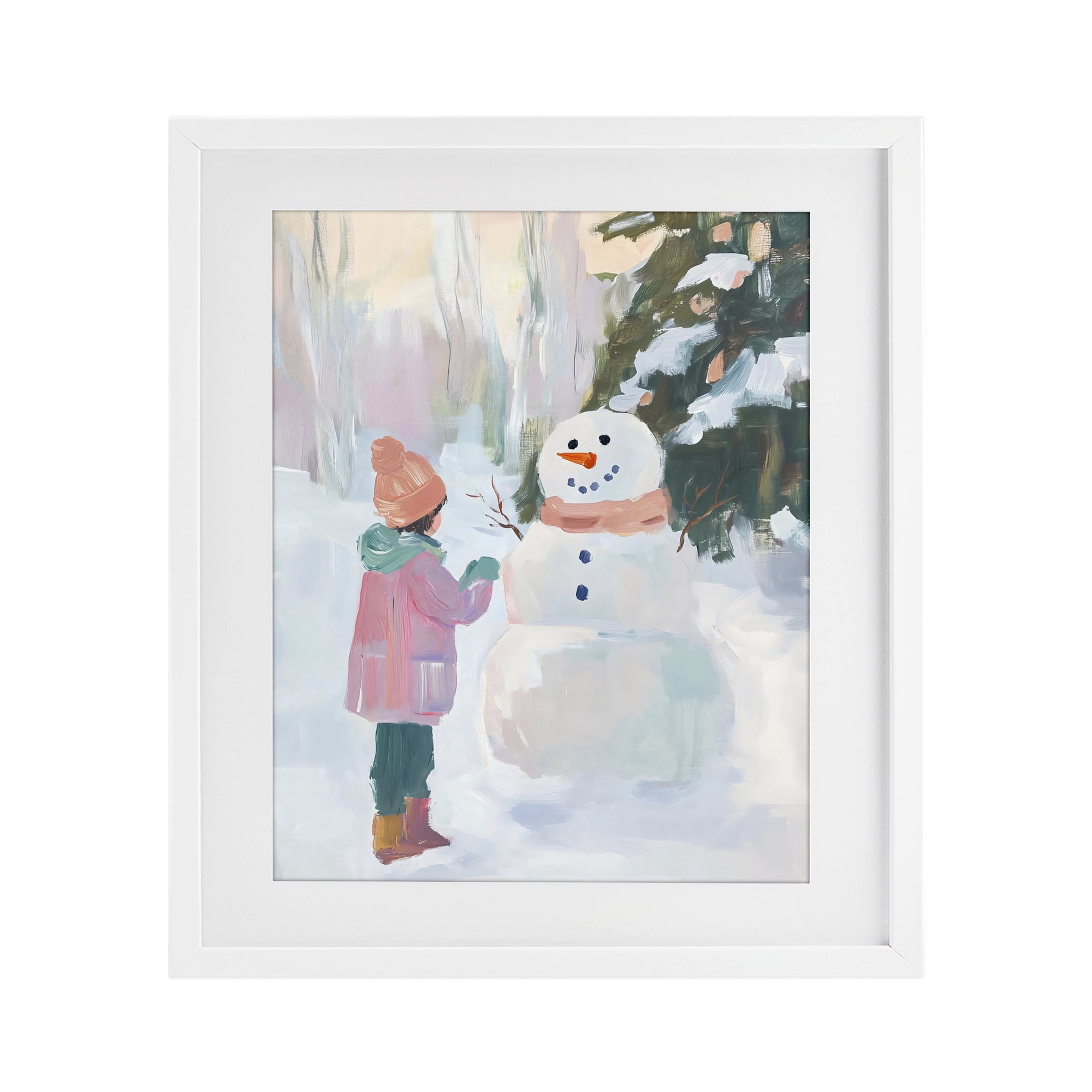 Stupell Industries Girl & Snowman in Winter White Framed Print Under Glass, design by The Prints Vibe