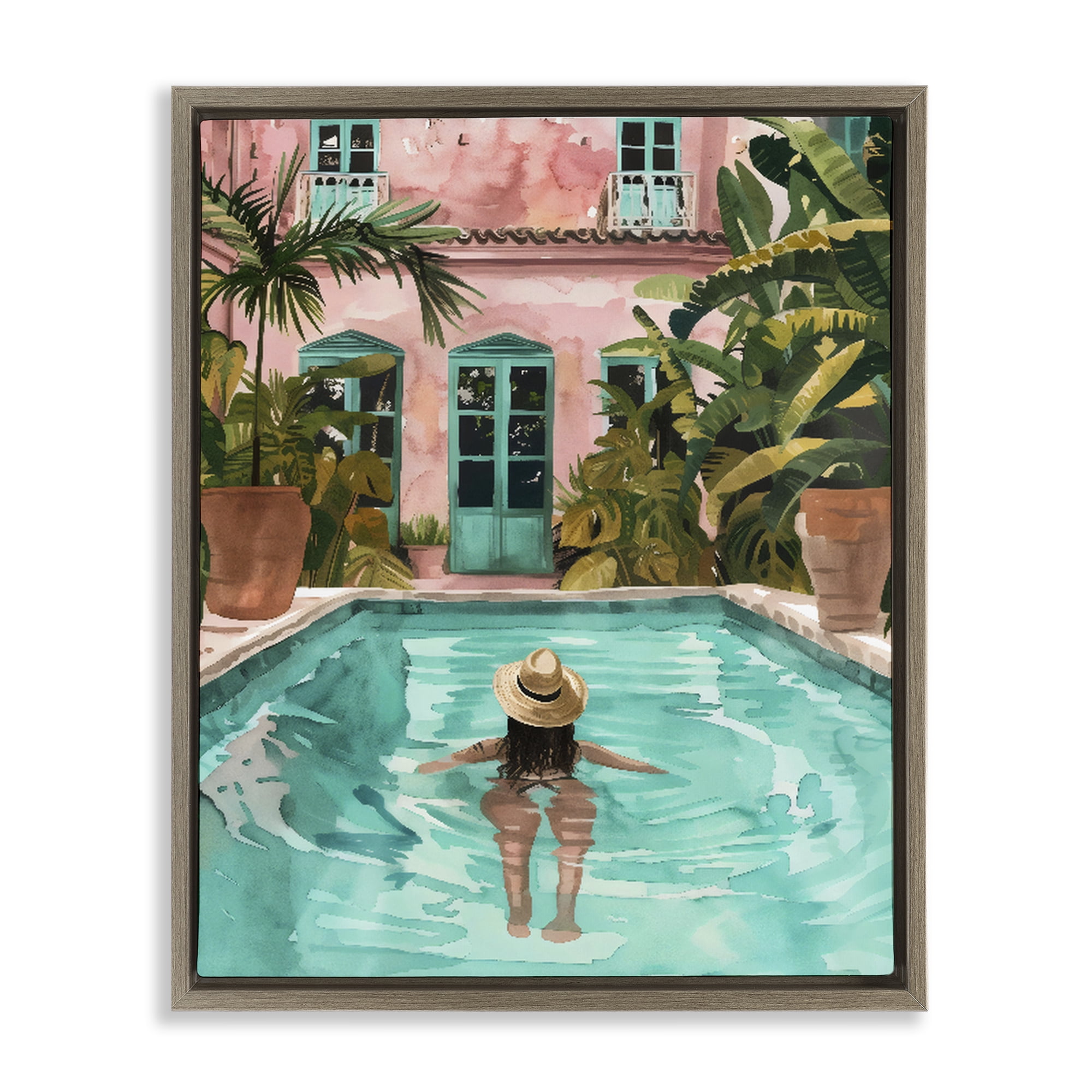 Stupell Industries Girl Swimming In Pool Brown Framed Floater Canvas Wall Art, design by The Prints Vibe