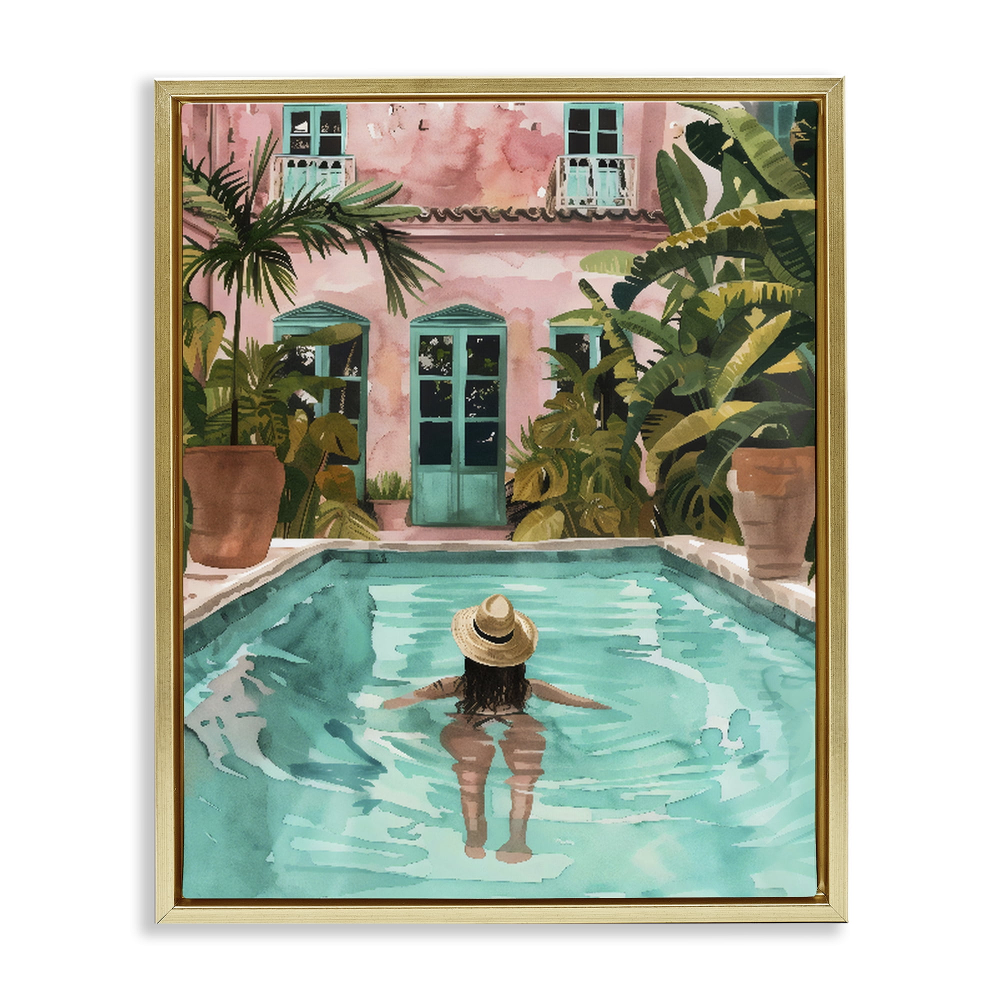 Stupell Industries Girl Swimming In Pool Gold Framed Floater Canvas Wall Art, design by The Prints Vibe