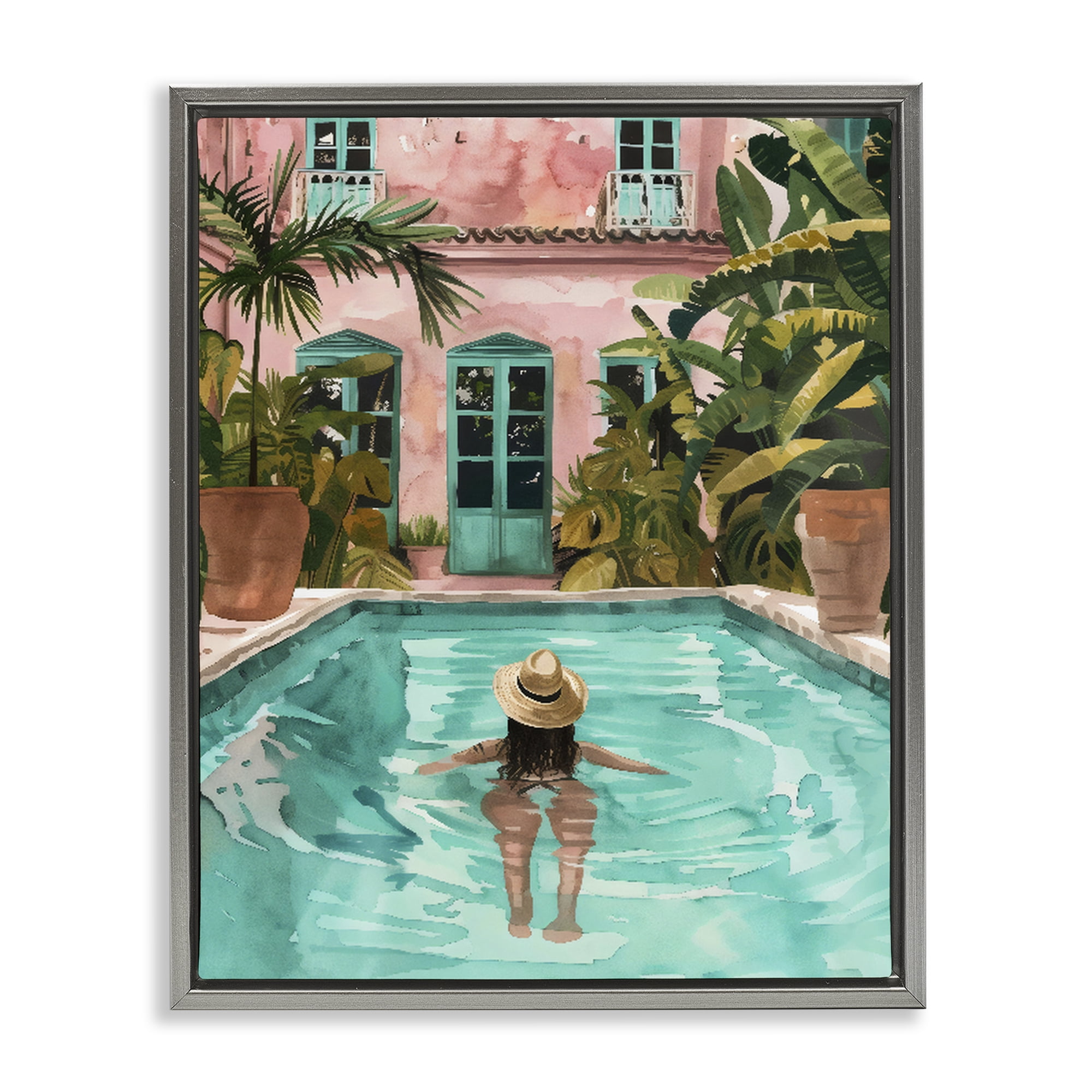 Stupell Industries Girl Swimming In Pool Gray Framed Floater Canvas Wall Art, design by The Prints Vibe
