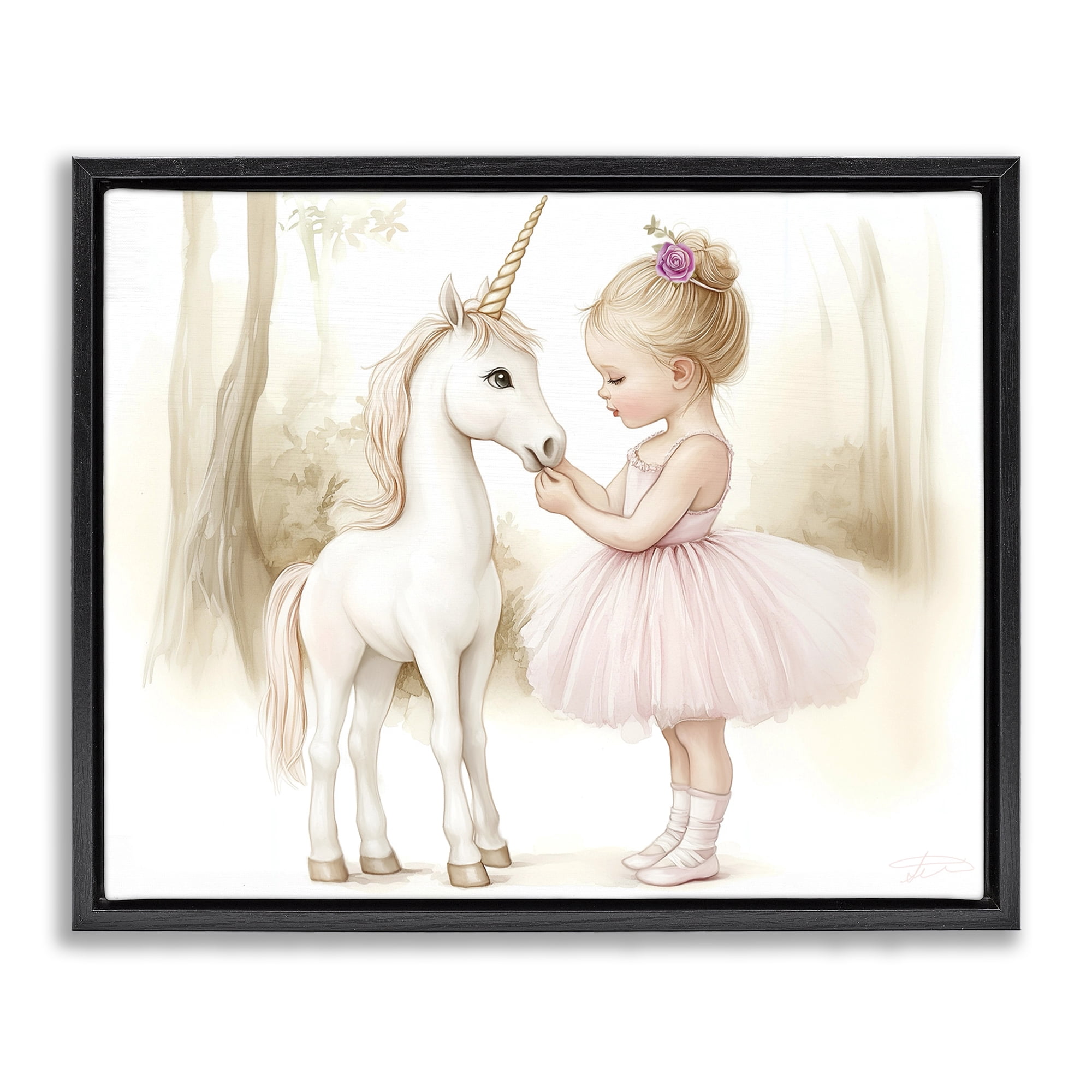 Stupell Industries Girl & Unicorn Friendship Black Framed Floater Canvas Wall Art, design by Whimsical Wonders