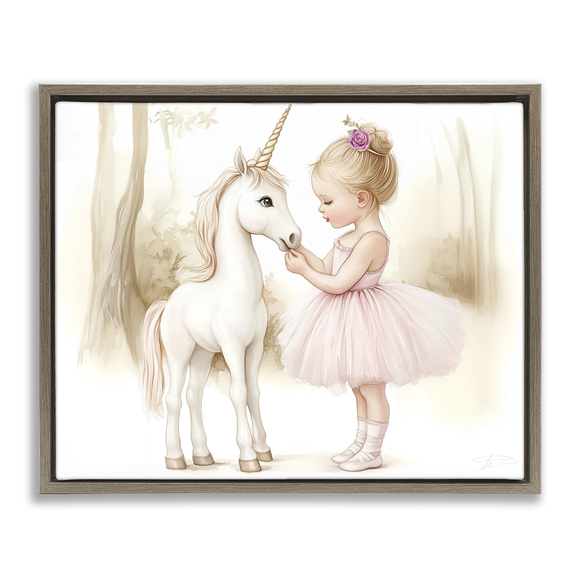 Stupell Industries Girl & Unicorn Friendship Brown Framed Floater Canvas Wall Art, design by Whimsical Wonders