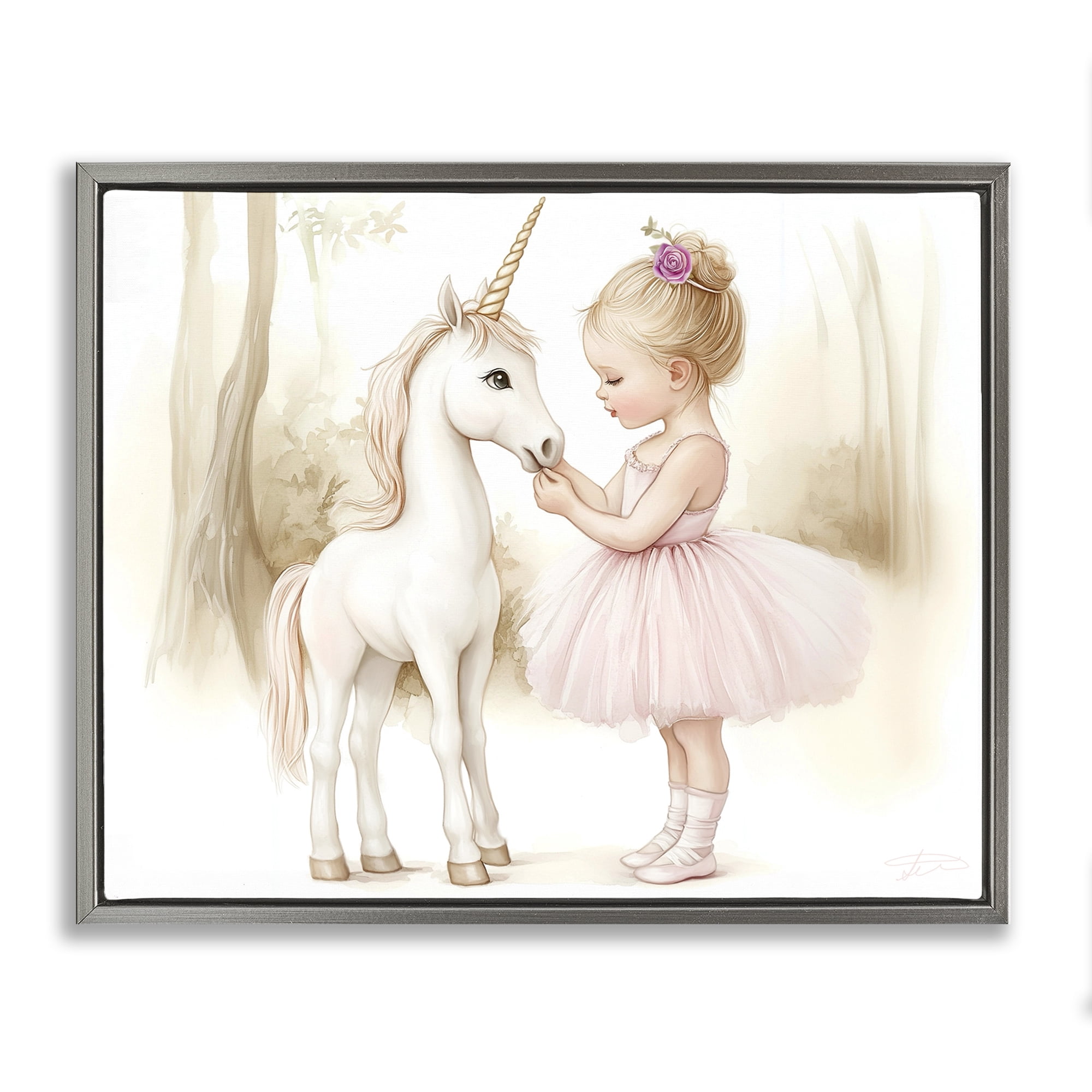 Stupell Industries Girl & Unicorn Friendship Gray Framed Floater Canvas Wall Art, design by Whimsical Wonders