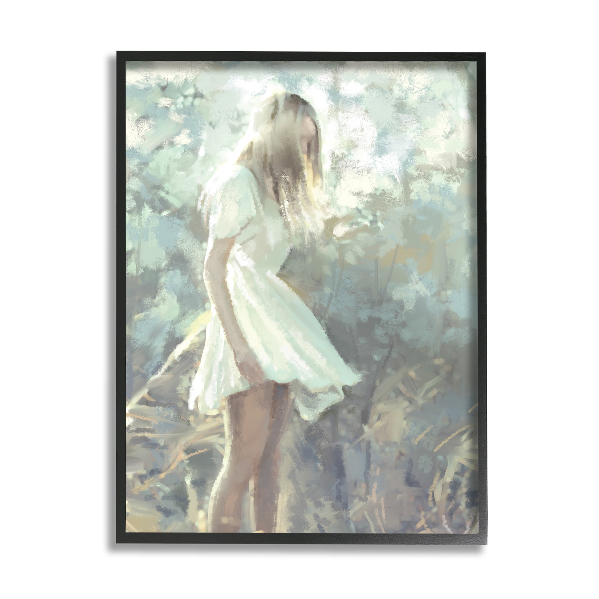Stupell Industries Girl Wandering in Forest Grass Soft Muted Green Abstract Painting Black Framed Art Print Wall Art, 11 x 14